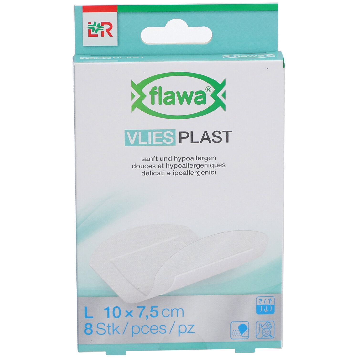 Verpackung mit Pflastern. Marke flawa, Schriftzug Vlies Plast. Größe 10 x 7,5 cm, 8 Stück. Weiches, hypoallergenes Pflaster.