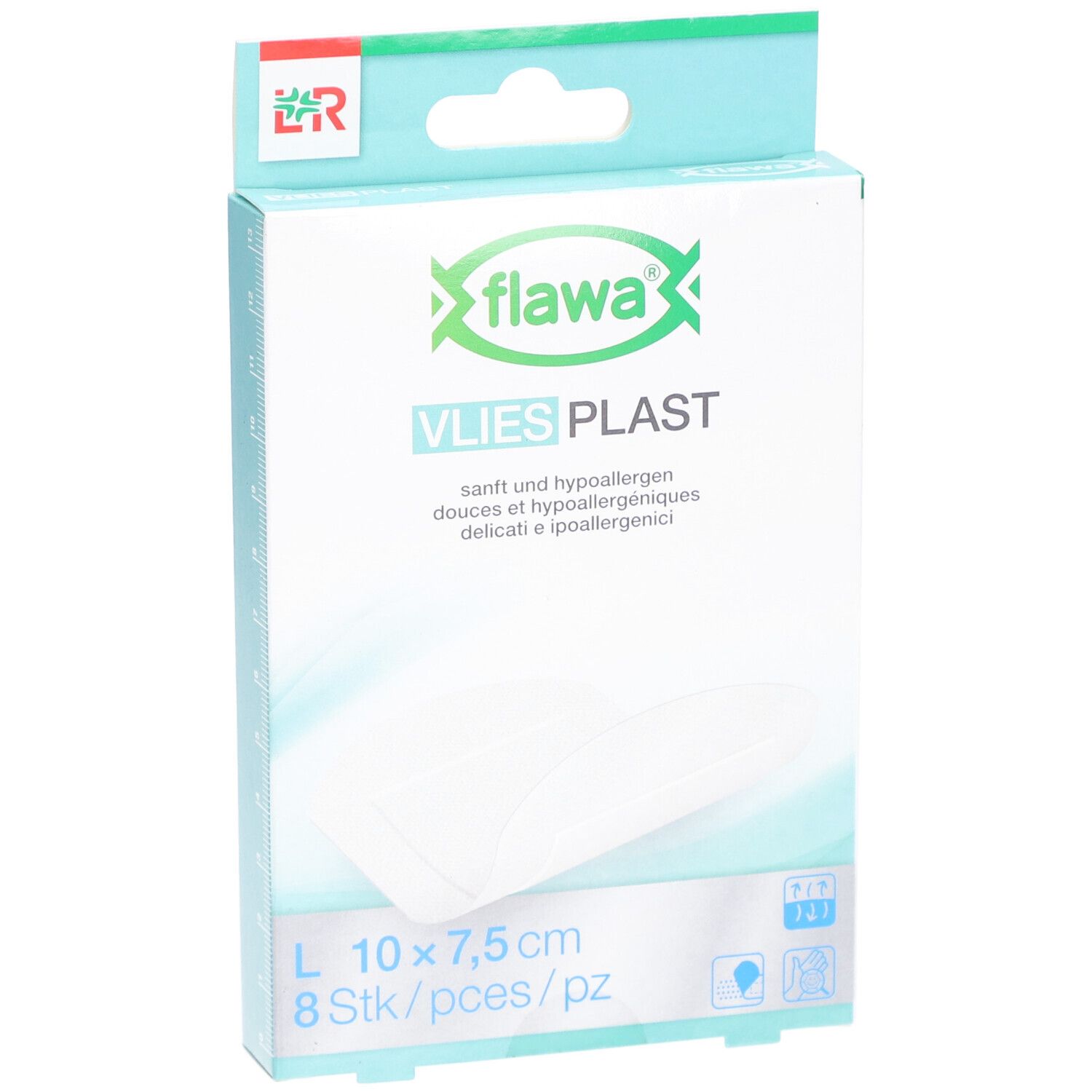 Verpackung mit Pflastern. Marke flawa, Schriftzug Vlies Plast. Größe 10 x 7,5 cm, 8 Stück. Weiches, hypoallergenes Pflaster.