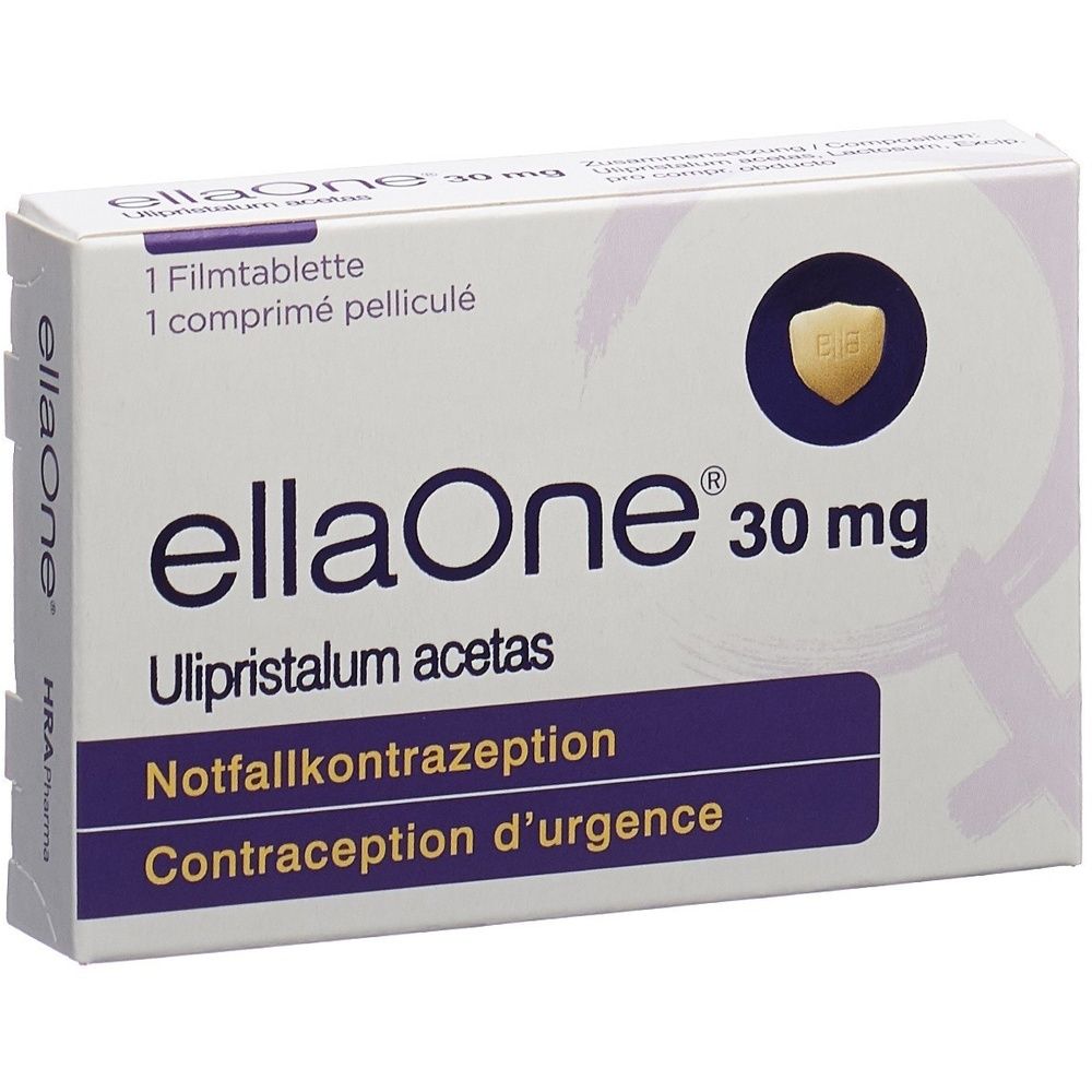 Schachtel mit ellaOne 30 mg. Aufschrift: 1 Filmtablette, Ulipristalum acetas, Notfallkontrazeption, Contraception d'urgence. Logo.