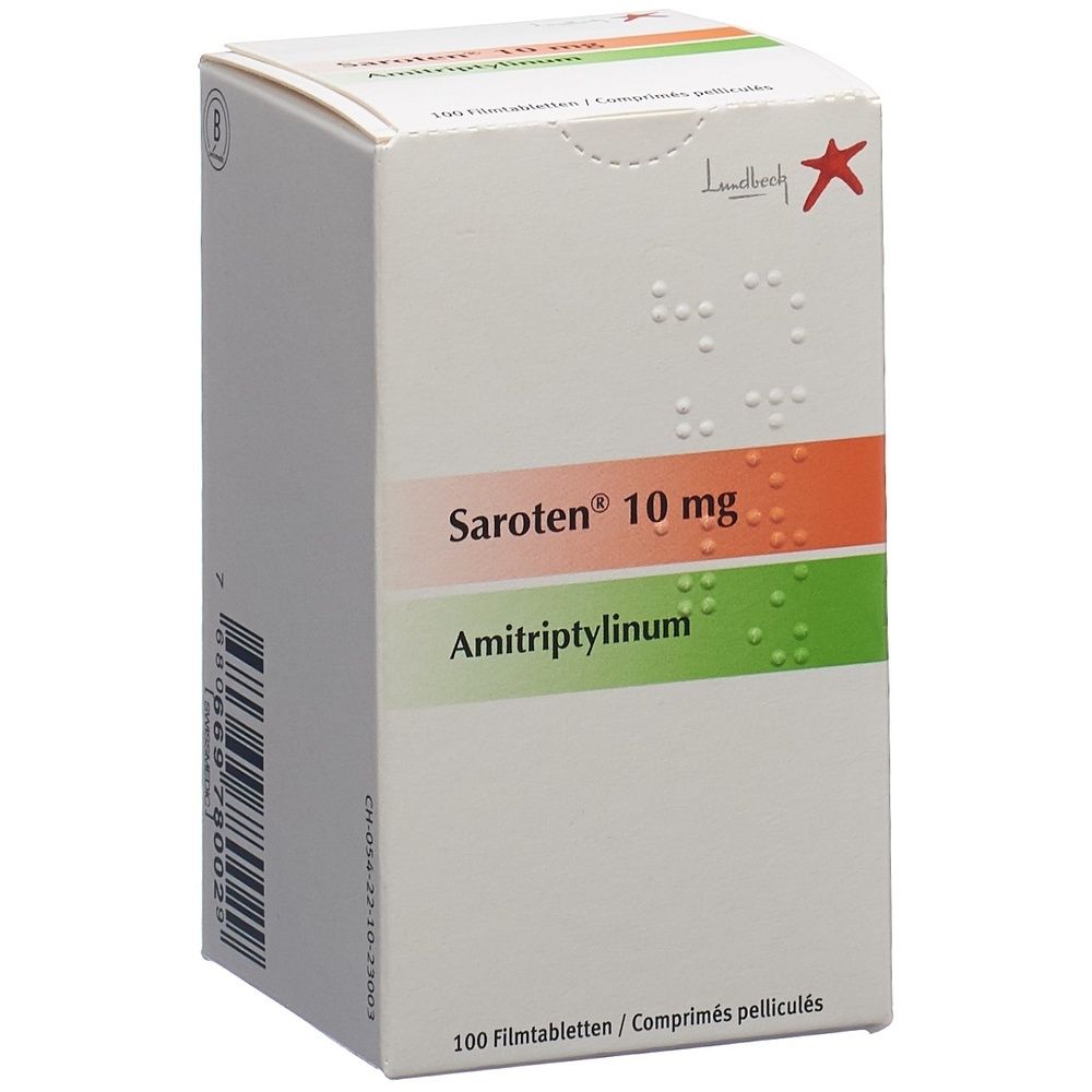 Kartonverpackung. Text: SAROTEN Filmtabl 10 mg. Farbgebung: Weiß, Orange, Grün. Aufdrucke und Logos. Eckige Form.