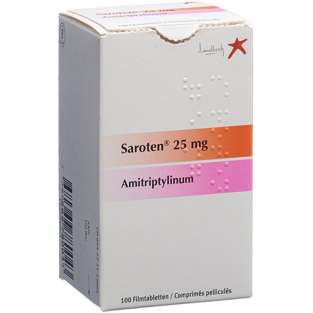 Kartonverpackung mit SAROTEN Filmtabl 25 mg. Weiß mit orangefarbenen und rosa Akzenten. Text sichtbar.