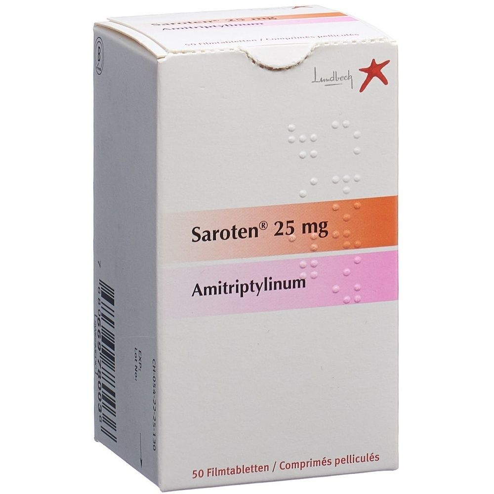 Kartonverpackung. Aufschrift: SAROTEN Filmtabl 25 mg Ds. Rosa und orangefarbene Akzente. Weißer Hintergrund.