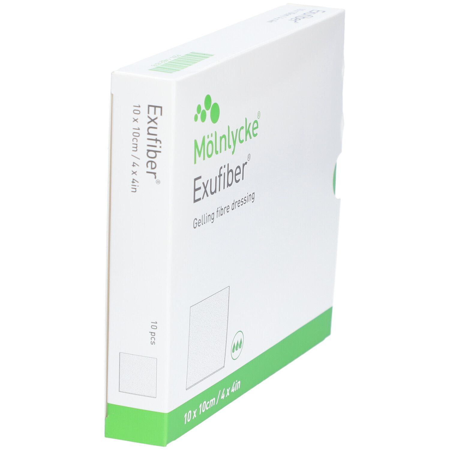 Weiße Verpackung M
lnlycke Exufiber. Größe: 10x10cm/4x4in. 10 Stück. Gelling fibre dressing. Grüne Akzente.