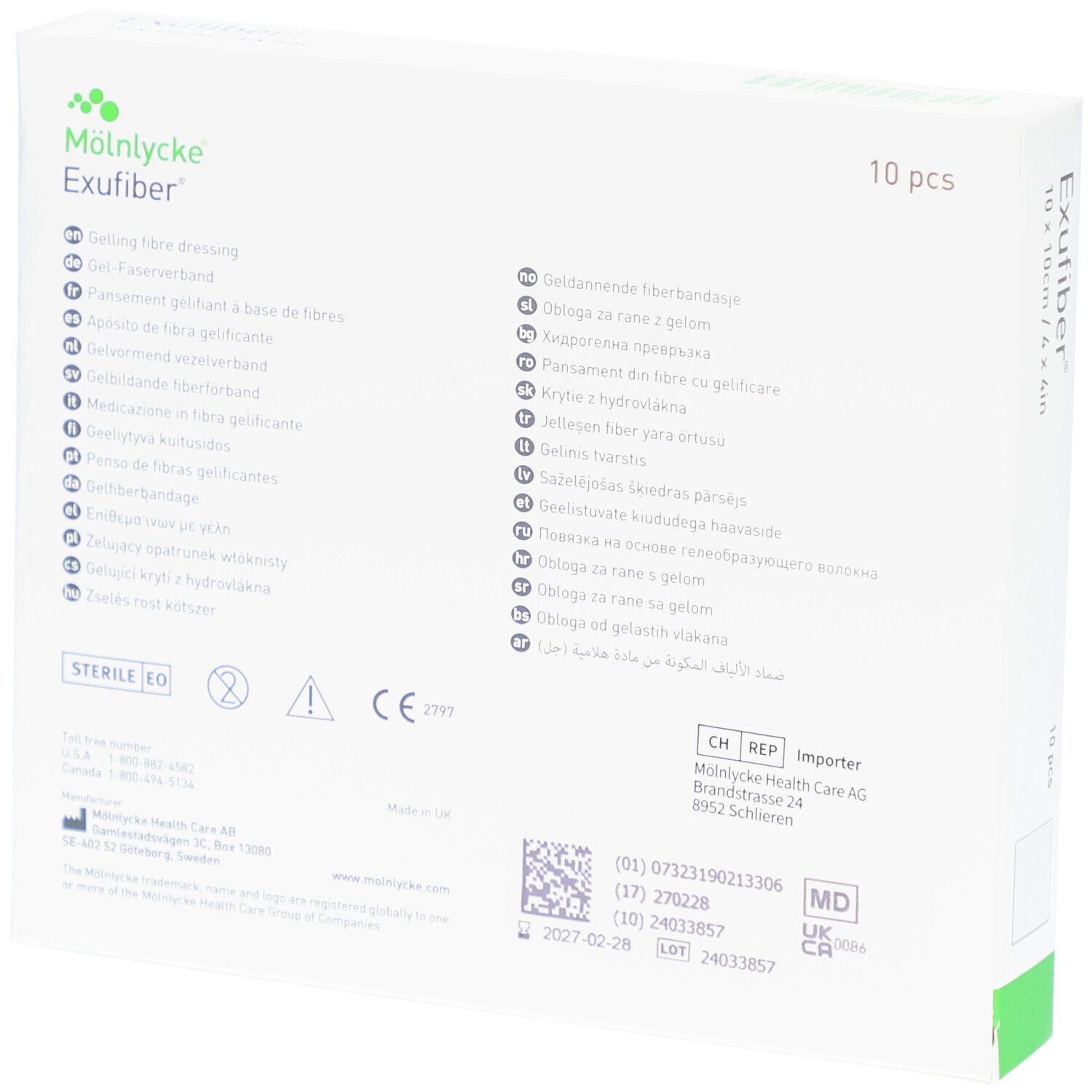 Rückseite der weißen Verpackung. M
lnlycke Exufiber. Produktinformationen, Symbole, CE-Kennzeichnung, Chargennummer, Importeur.