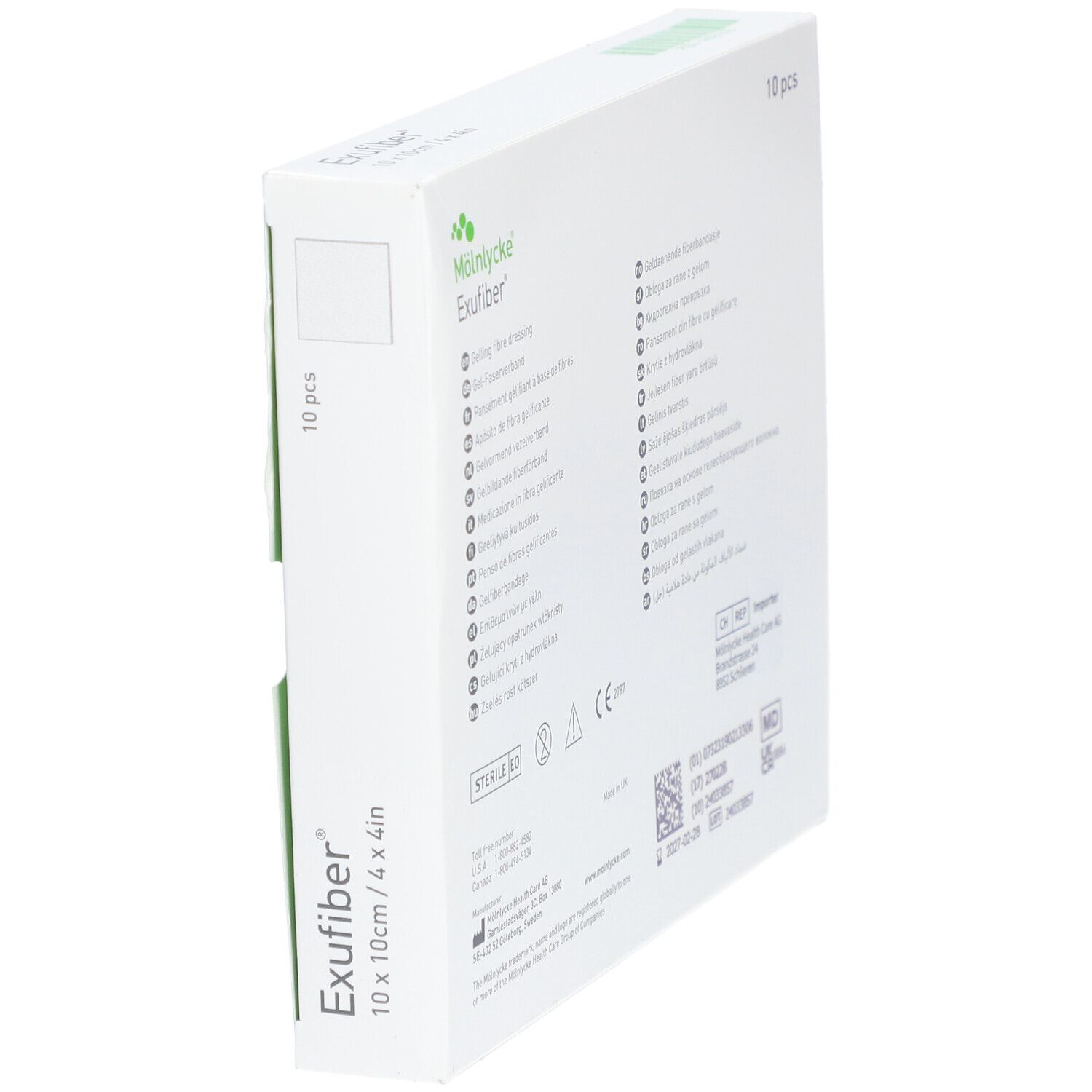 Weiße Verpackung M
lnlycke Exufiber. Größe: 10x10cm/4x4in. 10 Stück. Gelling fibre dressing. Grüne Akzente.