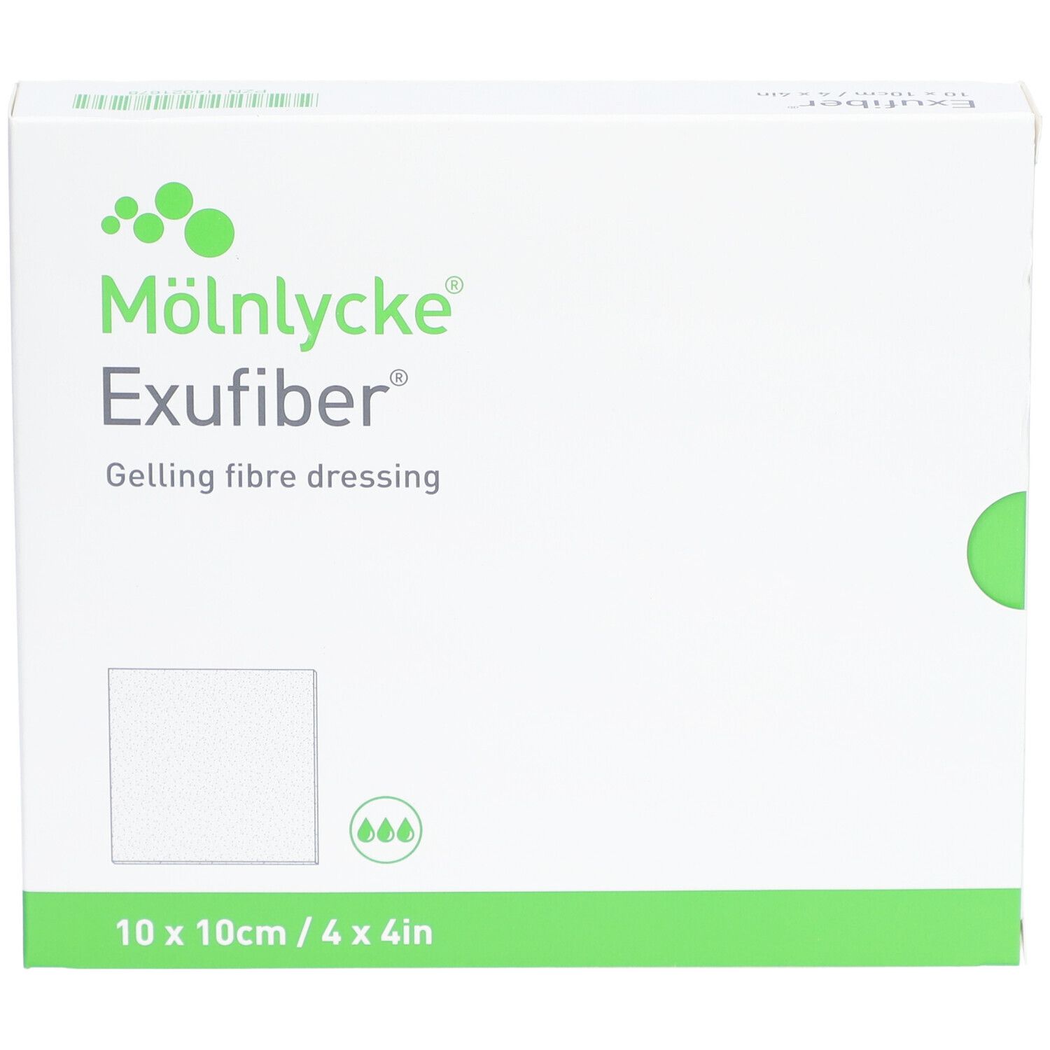 Weiße Verpackung mit M
lnlycke Exufiber. Quadratisches Pflaster-Symbol. Größe: 10x10cm/4x4in. Gelling fibre dressing.