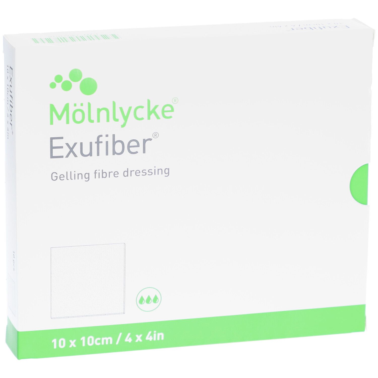 Weiße Verpackung mit M
lnlycke Exufiber. Quadratisches Pflaster-Symbol. Größe: 10x10cm/4x4in. Gelling fibre dressing.
