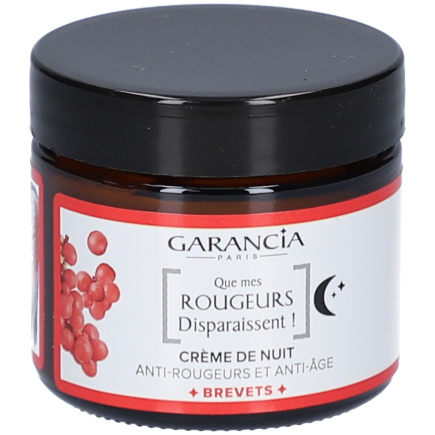 Creme-Glas mit schwarzem Deckel. Roter Aufkleber mit Produktnamen und Logo. Text: Crème de nuit Anti-Rougeurs + Anti-Âge.