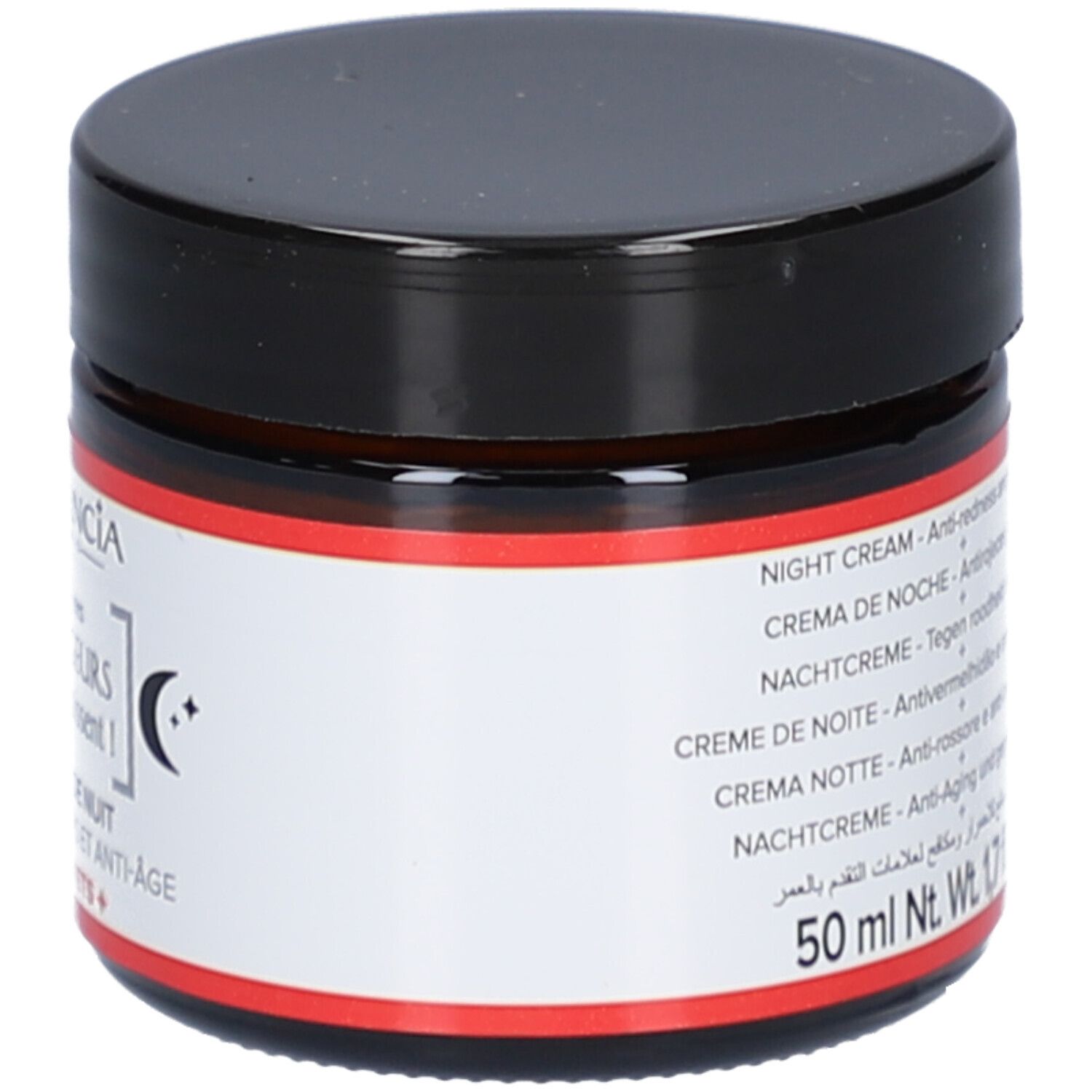 Creme-Glas mit schwarzem Deckel. Roter Aufkleber mit Produktnamen und Logo. Text: Crème de nuit Anti-Rougeurs + Anti-Âge.