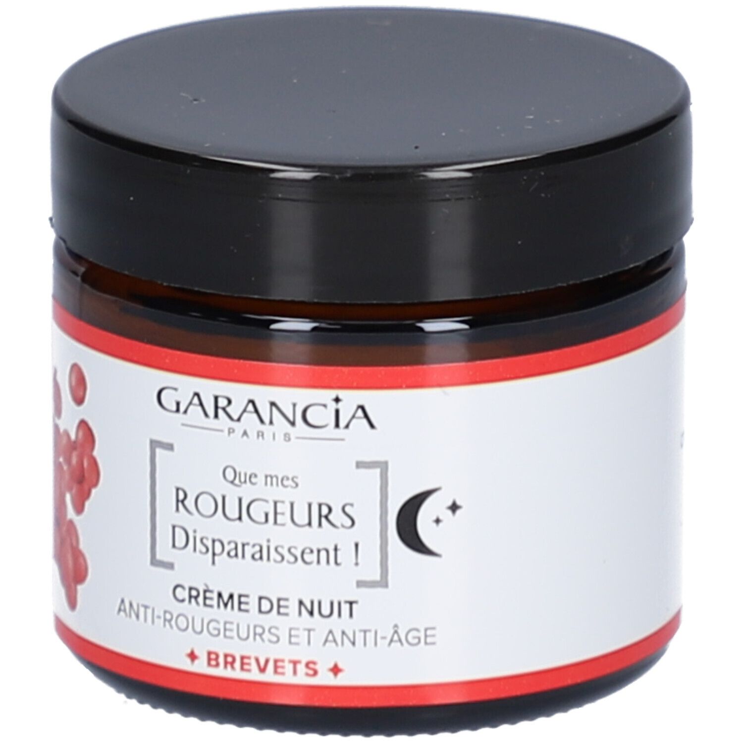 Creme-Glas mit schwarzem Deckel. Roter Aufkleber mit Produktnamen und Logo. Text: Crème de nuit Anti-Rougeurs + Anti-Âge.