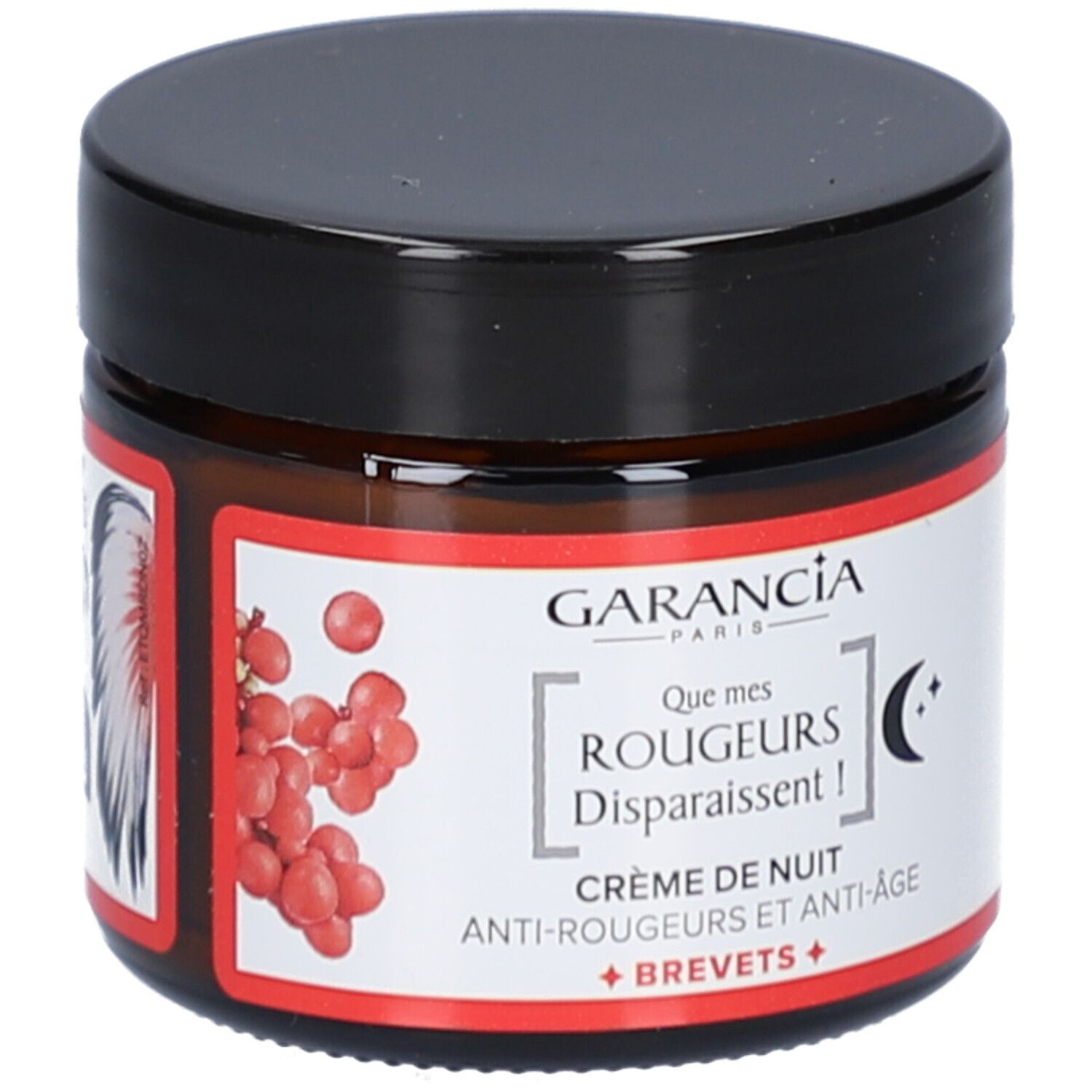 Creme-Glas mit schwarzem Deckel. Roter Aufkleber mit Produktnamen und Logo. Text: Crème de nuit Anti-Rougeurs + Anti-Âge.