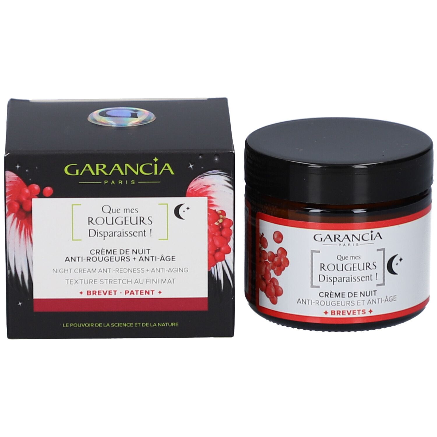 Produktverpackung und Creme-Glas. Schwarze Schachtel mit Produktnamen und Logo. Creme-Glas mit schwarzem Deckel.