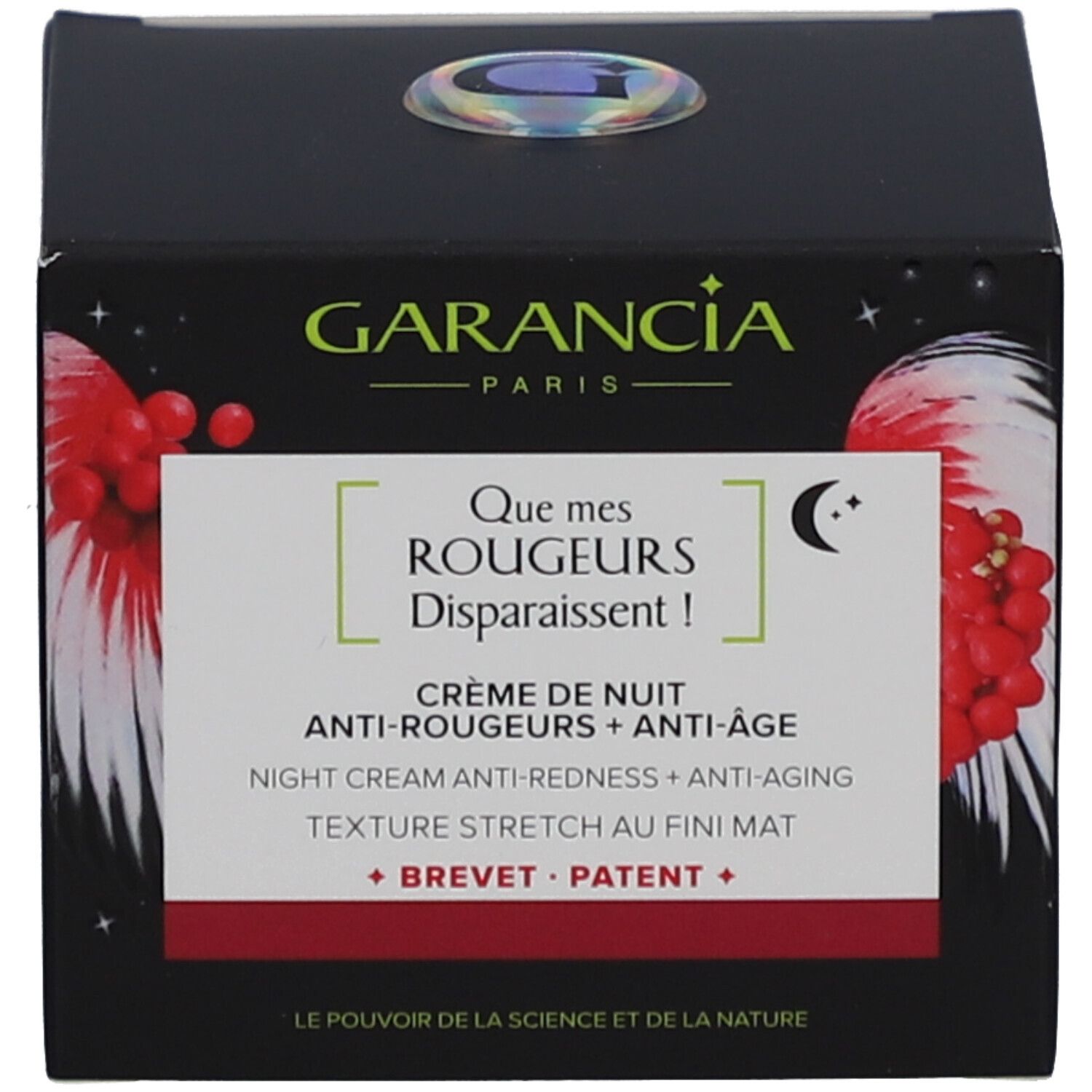 Produktverpackung. Schwarze Schachtel mit Produktnamen und Logo. Text: Crème de nuit Anti-Rougeurs + Anti-Âge.