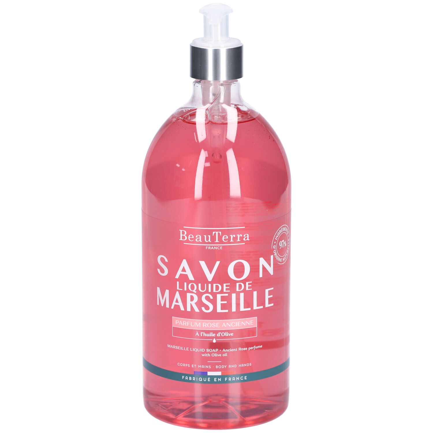 Flacon transparent avec liquide rose. Inscription: Savon Liquide de Marseille. Avec pompe doseuse.