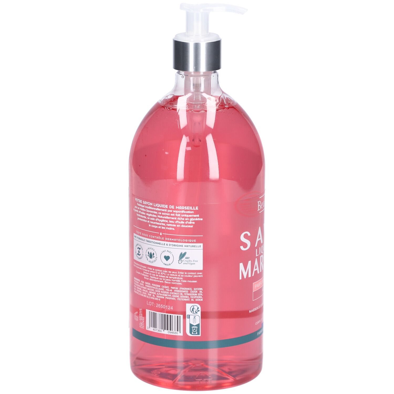 Dos du flacon transparent avec liquide rose. Texte et logos. Avec pompe doseuse.