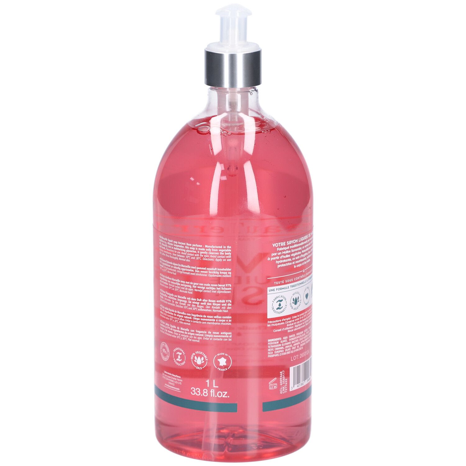 Dos du flacon transparent avec liquide rose. Texte et logos. Avec pompe doseuse.