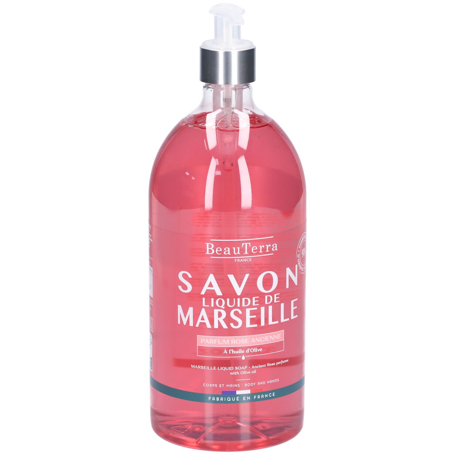 Flacon transparent avec liquide rose. Inscription: Savon Liquide de Marseille. Avec pompe doseuse.