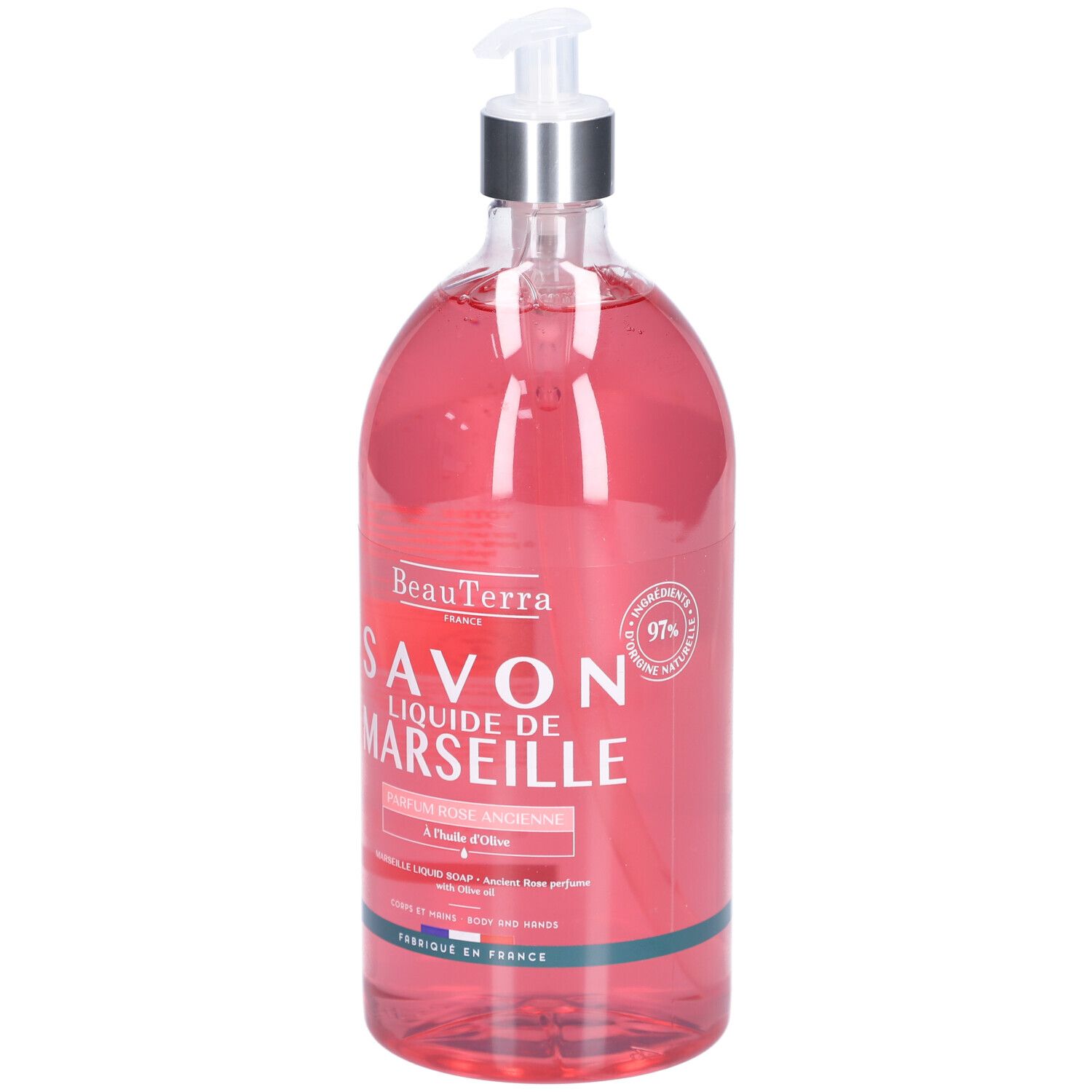 Flacon transparent avec liquide rose. Inscription: Savon Liquide de Marseille. Avec pompe doseuse.