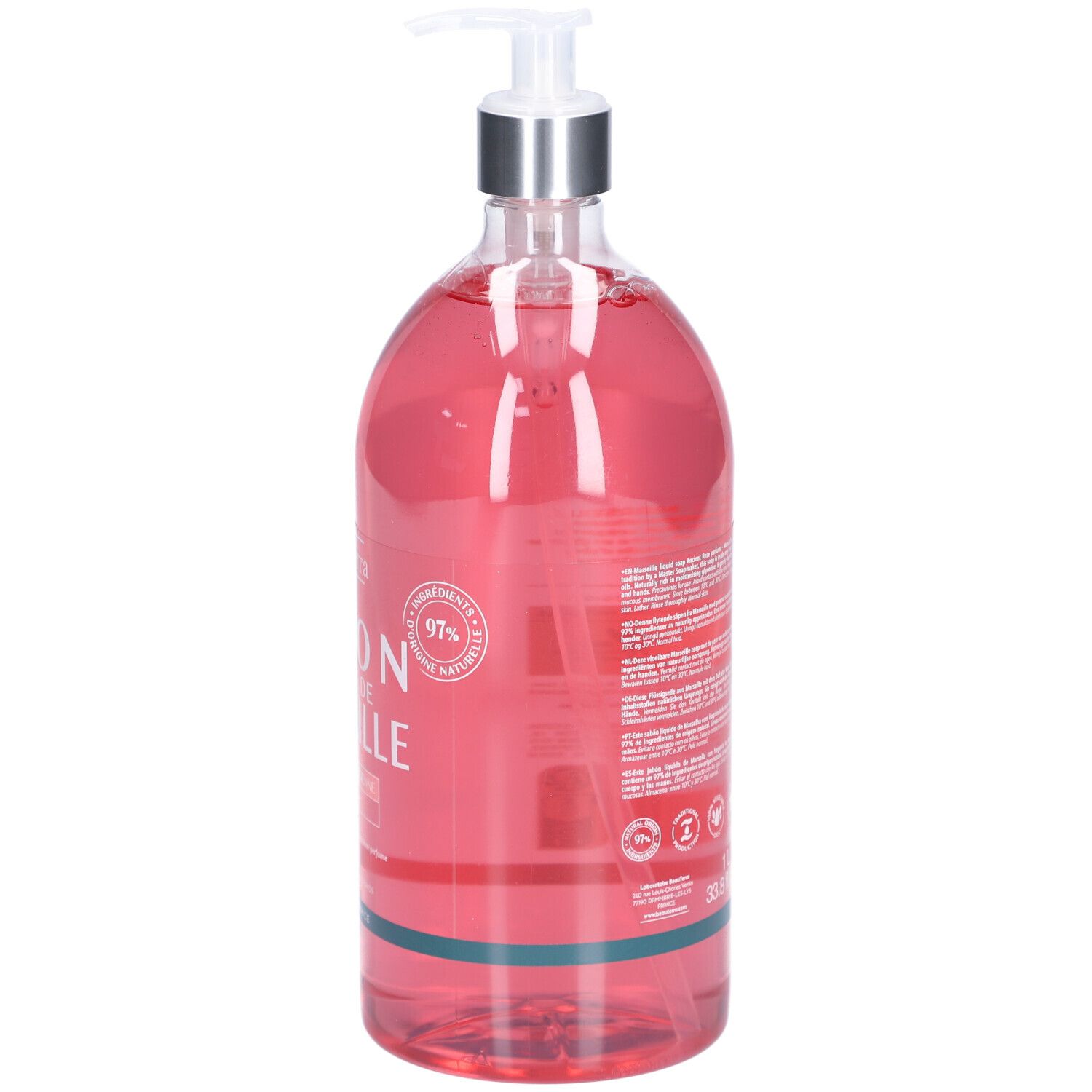 Dos du flacon transparent avec liquide rose. Texte et logos. Avec pompe doseuse.