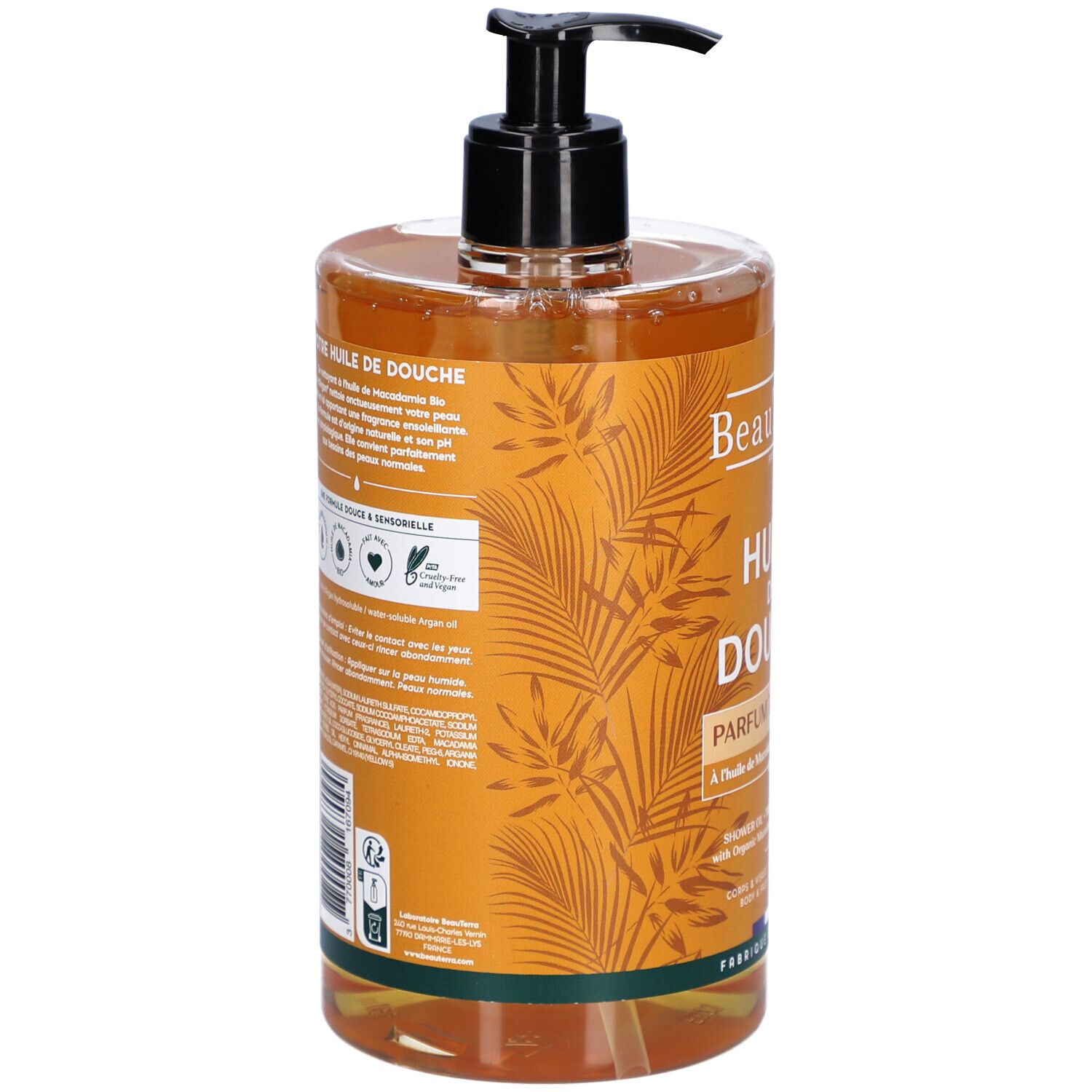 Vue arrière d'un flacon transparent avec pompe noire. Inscriptions et texte.