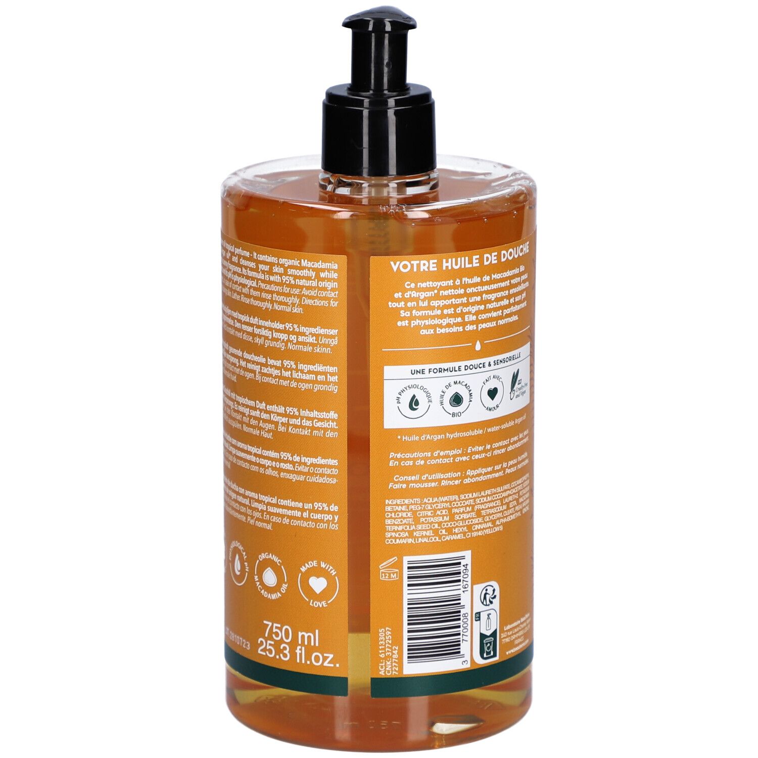 Vue arrière d'un flacon transparent avec pompe noire. Texte et indication de volume.