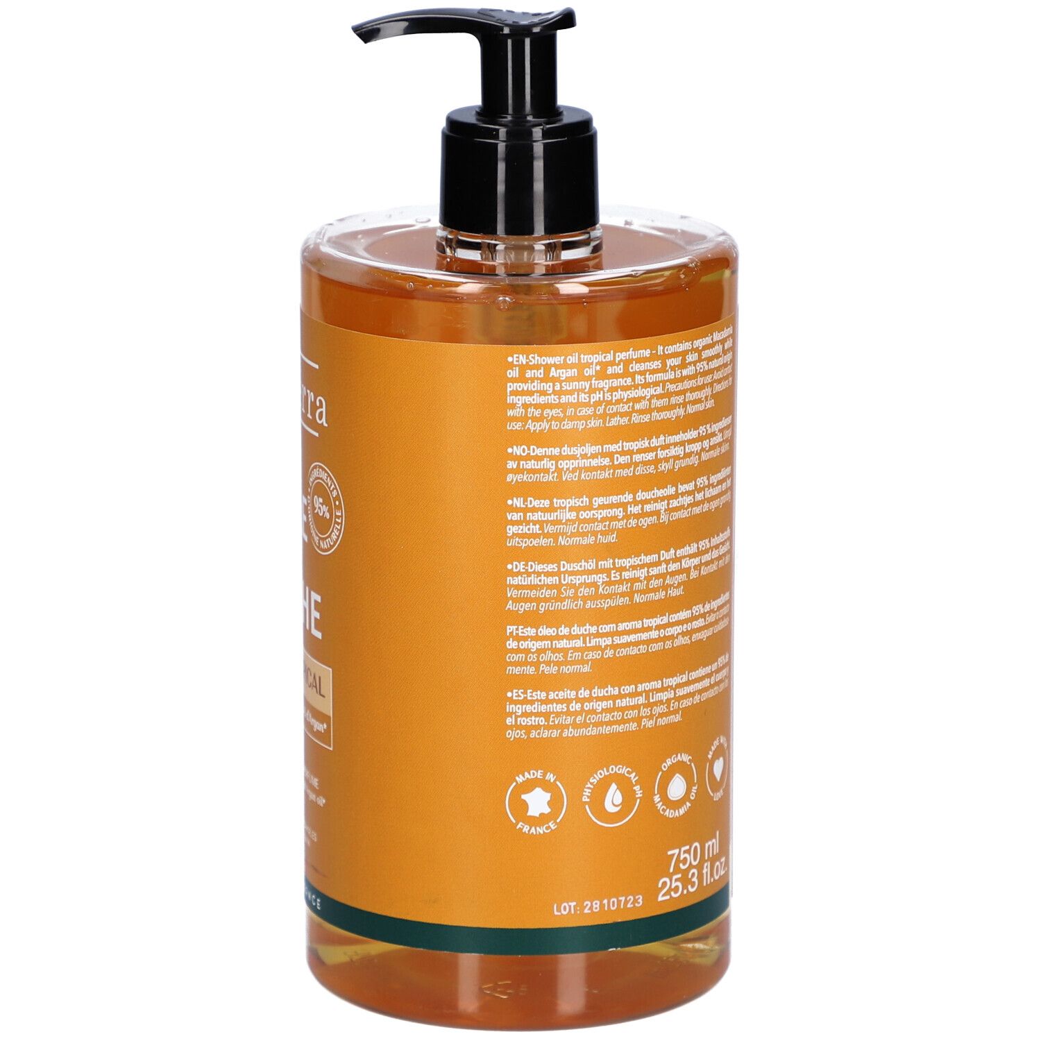 Vue arrière d'un flacon transparent avec pompe noire. Texte et indication de volume.