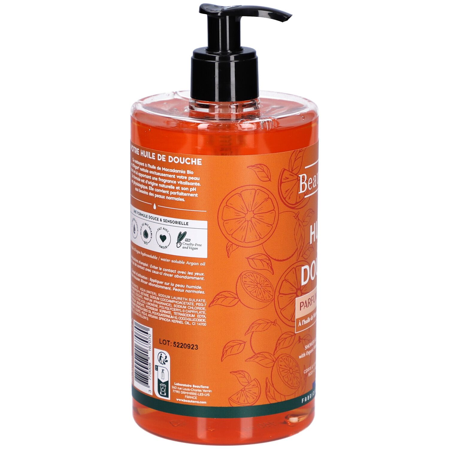 Dos du flacon Beauterra Huile de Douche Parfum Agrumes. Texte: Huile de Douche, ingrédients, certifications, numéro de lot, 750 ml.