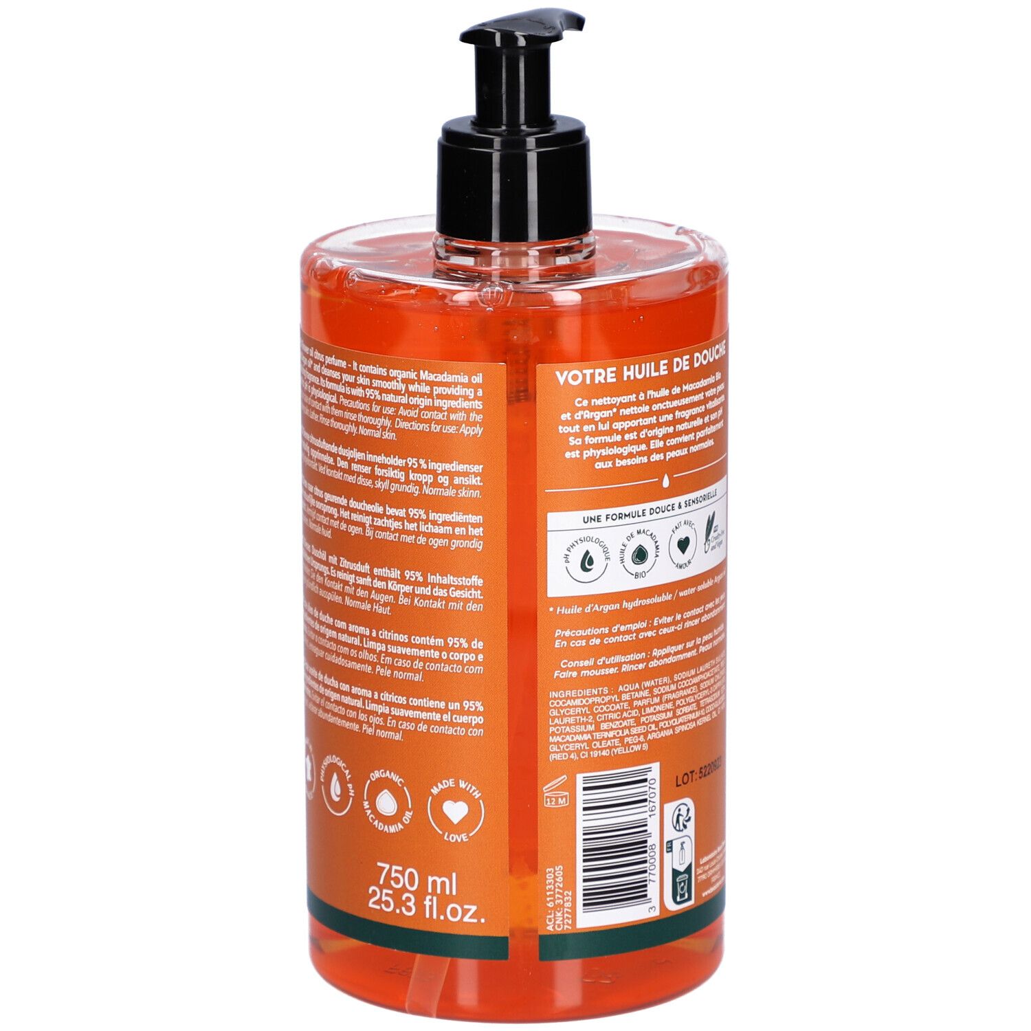 Dos du flacon Beauterra Huile de Douche. Texte: Ingrédients, mode d'emploi, 750 ml, 25.3 fl.oz.