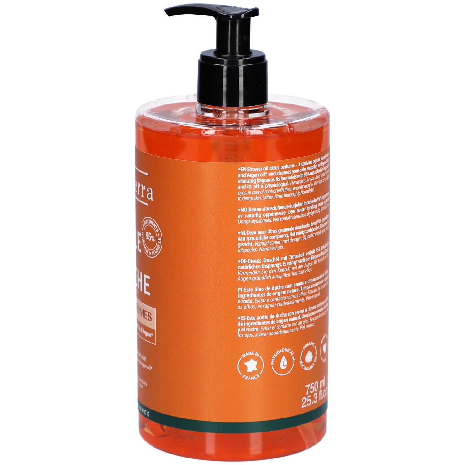 Dos du flacon Beauterra Huile de Douche. Texte: Ingrédients, mode d'emploi, 750 ml, 25.3 fl.oz.
