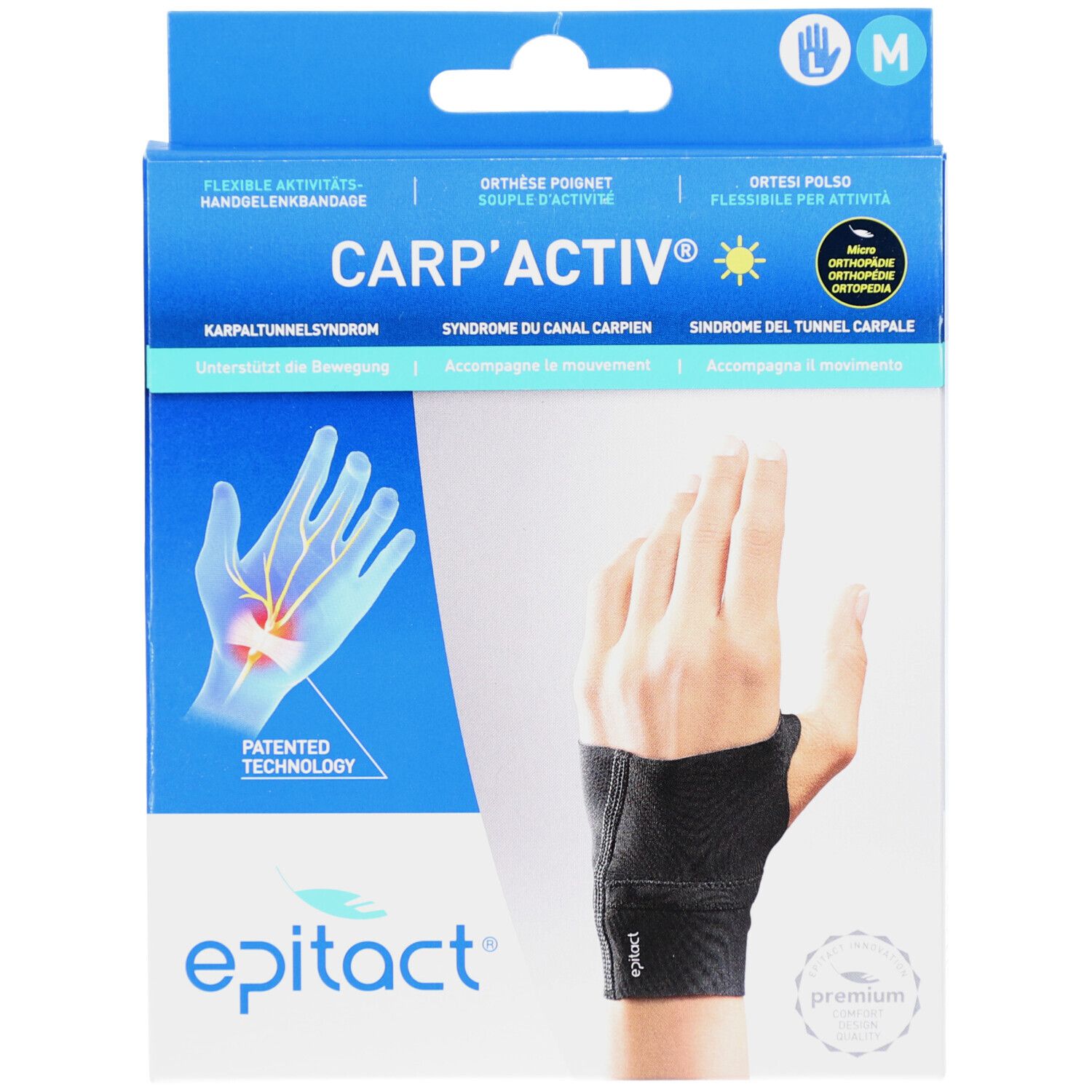 Verpackung mit Handgelenkbandage. Schwarze Bandage, offene Handfläche. Text: CARP'ACTIV, epitact, M, flexible Bandage.