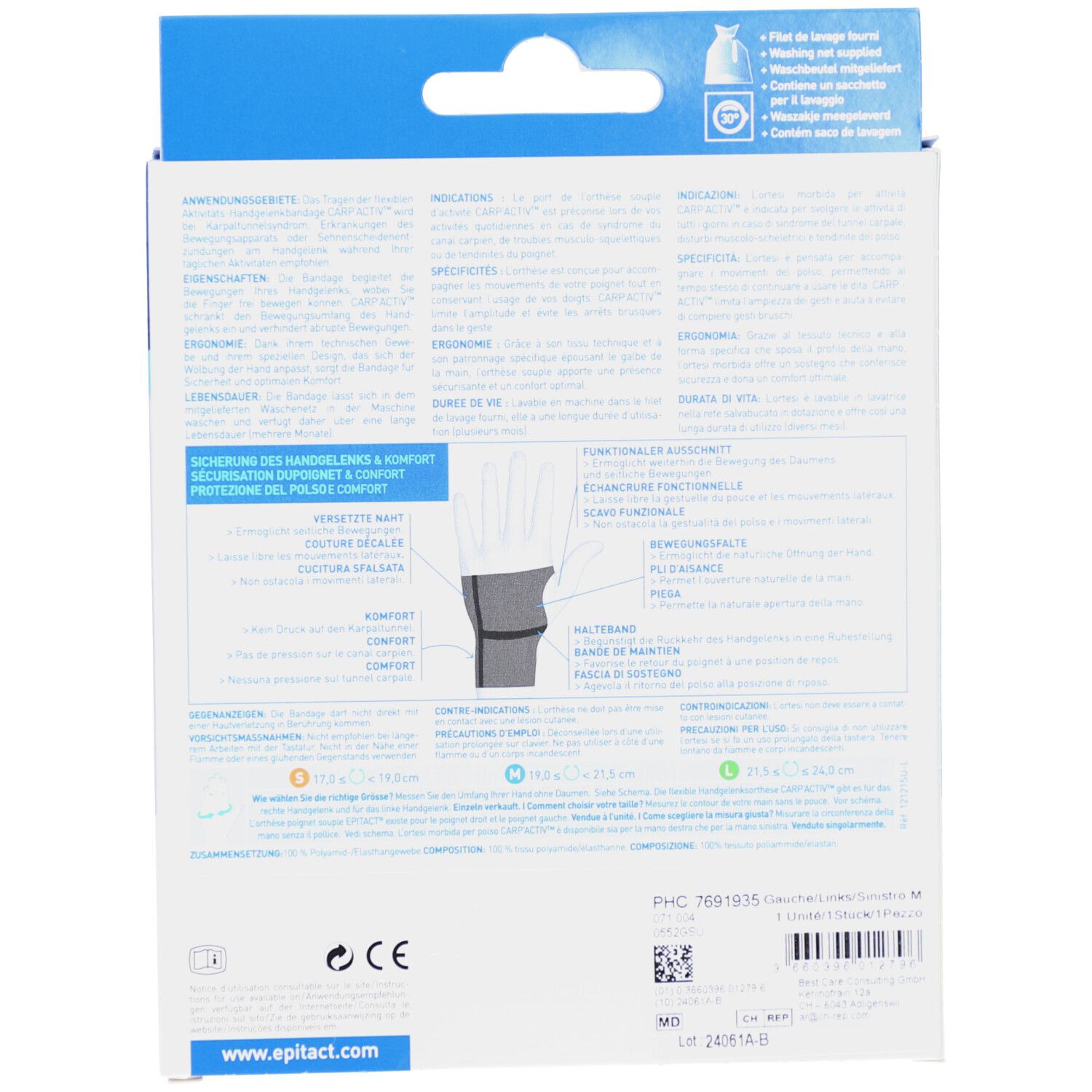 Rückseite der Verpackung. Text und Grafiken mit Produktinformationen. Waschsymbole, CE-Kennzeichnung, Produktname und Größe.