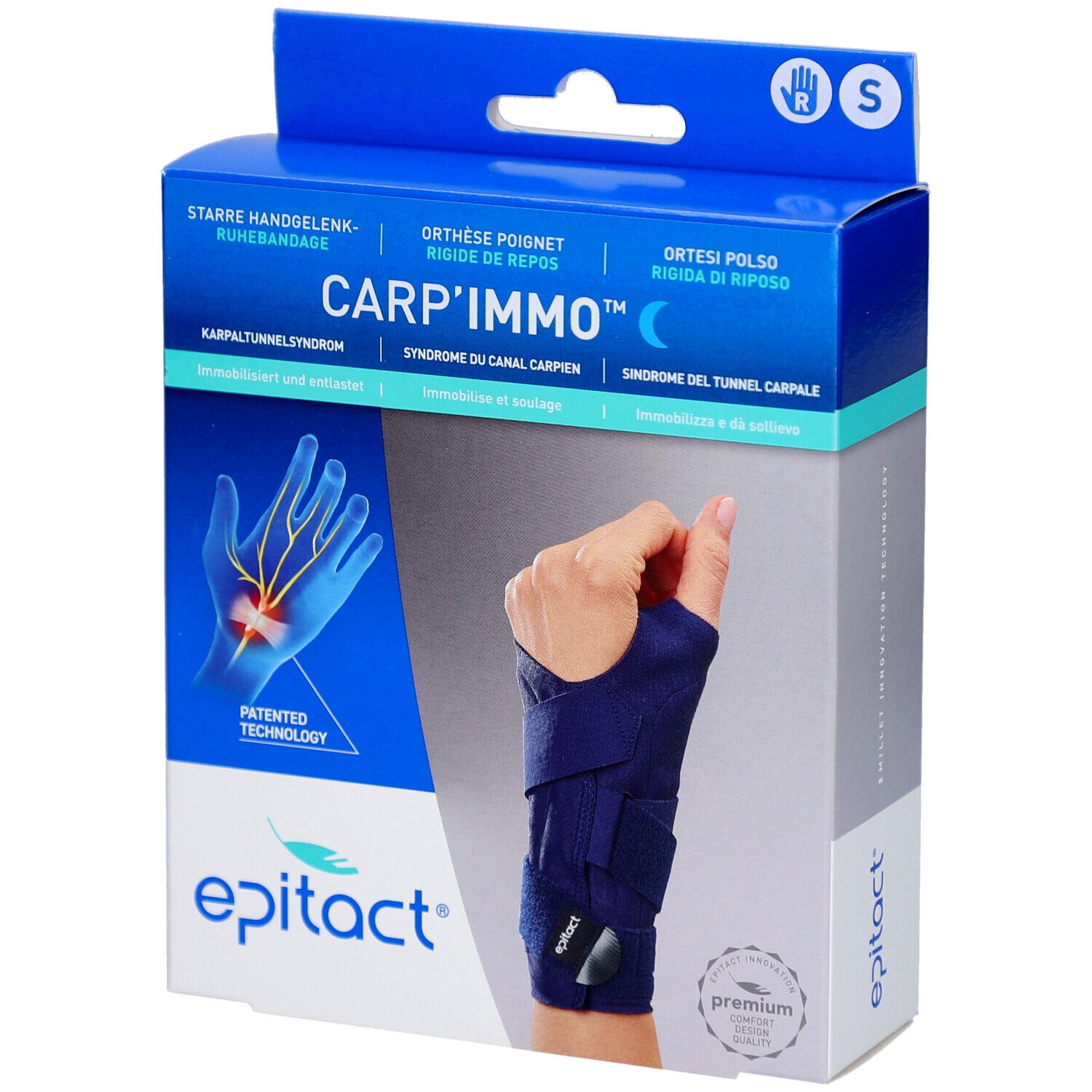 Boîte Epitact Carp'Immo. Orthèse poignet rigide, taille S. Illustration du produit et informations multilingues. Marque et logo visibles.