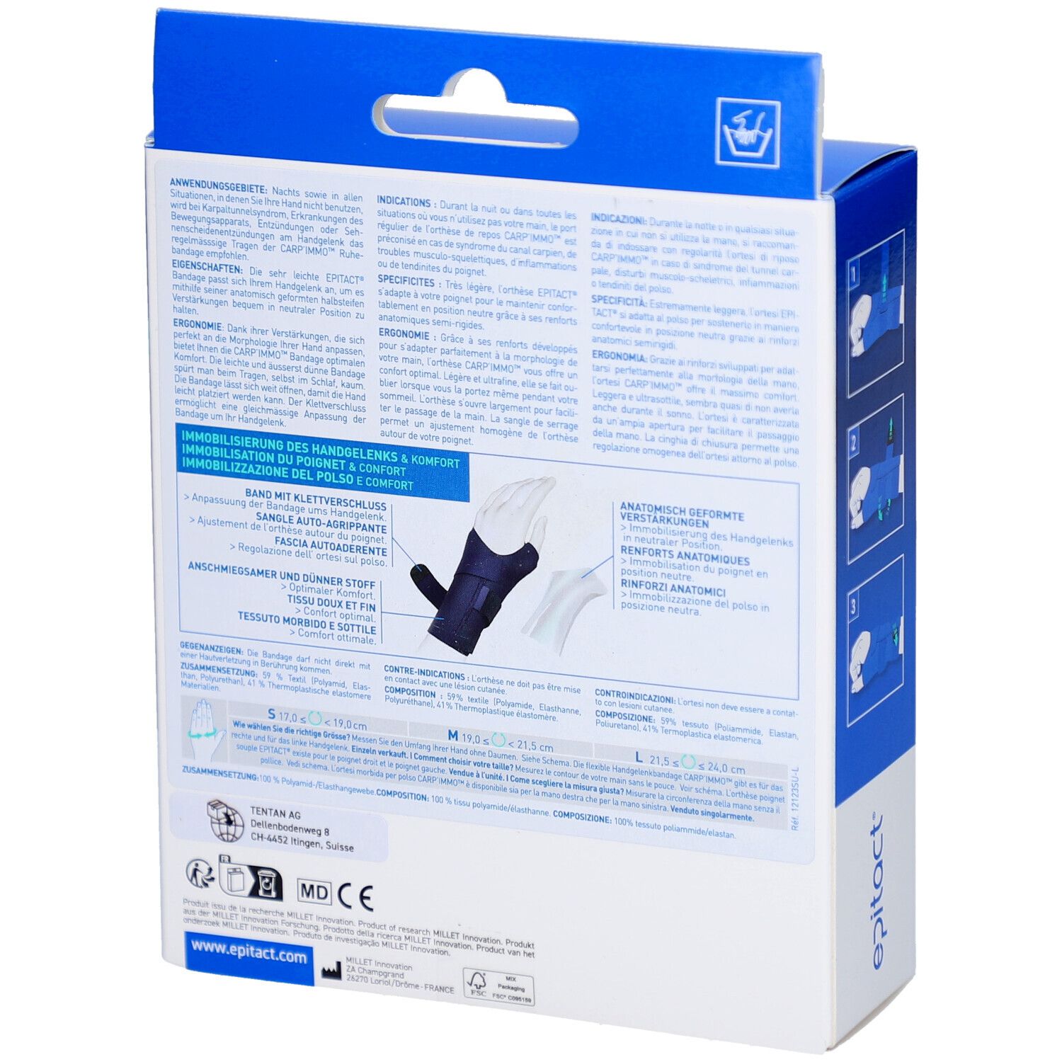 Dos de la boîte Epitact Carp'Immo. Informations produit, tailles et adresse fabricant. Texte multilingue.