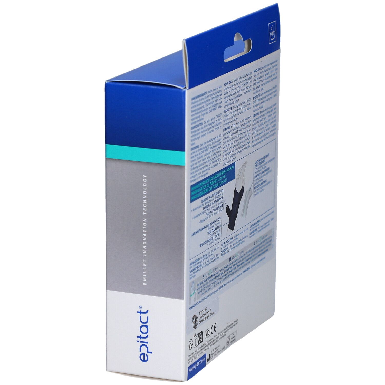 Vue latérale de la boîte Epitact Carp'Immo. Nom du produit et logo visibles. Emballage bleu avec texte.