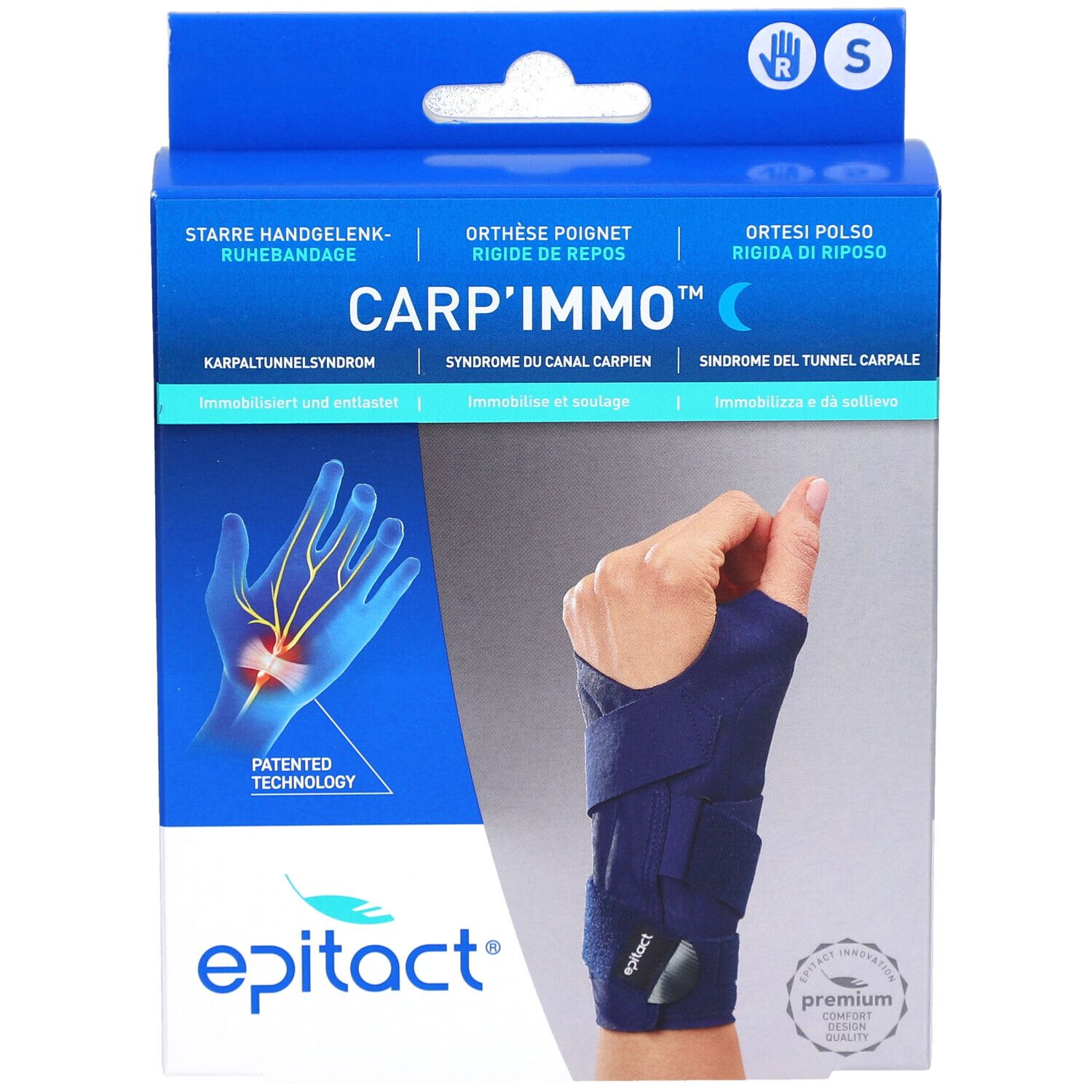 Vue de face de la boîte Epitact Carp'Immo. Orthèse de poignet dans l'emballage. Taille S. Texte multilingue.