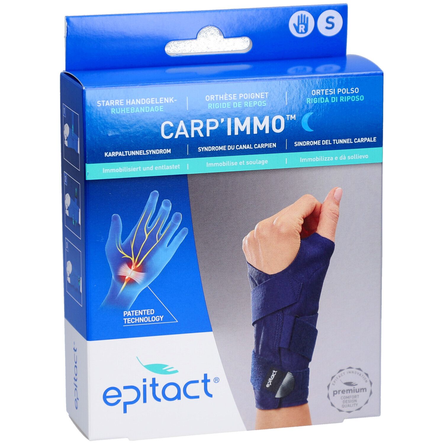 Vue de face de la boîte Epitact Carp'Immo. Orthèse de poignet dans l'emballage. Taille S. Texte multilingue.