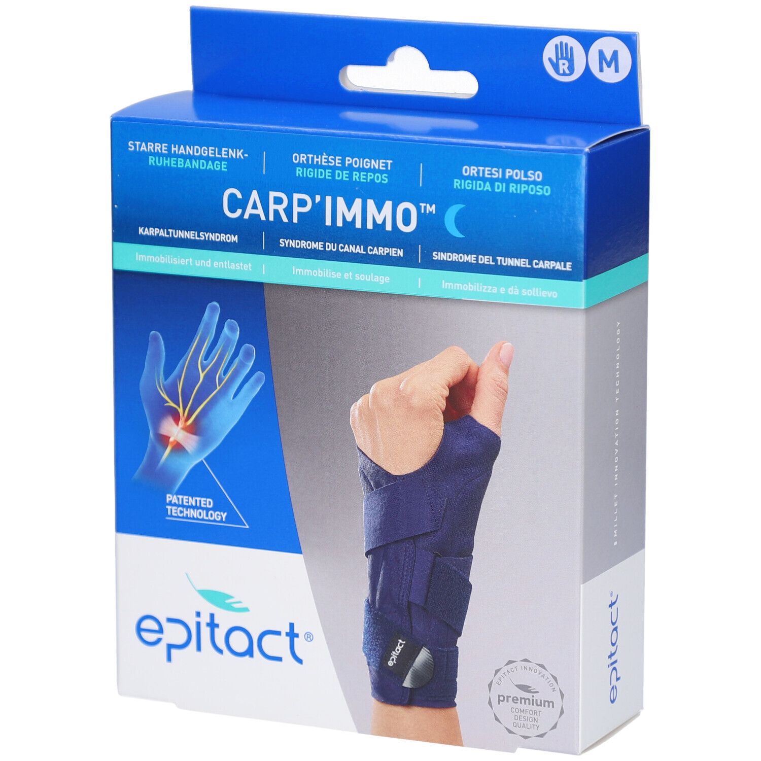 Boîte de l'attelle de poignet. Carton bleu avec nom et logo du produit. Attelle de poignet illustrée.