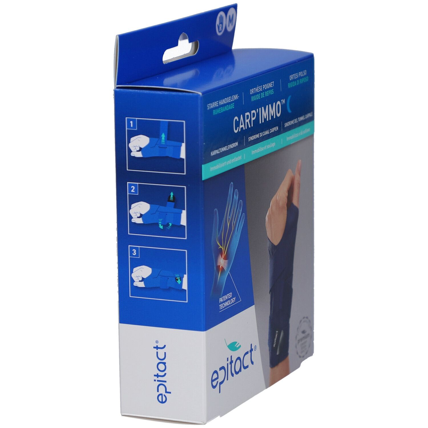 Vue latérale de l'emballage. Carton bleu avec nom et logo du produit. Instructions d'utilisation illustrées.