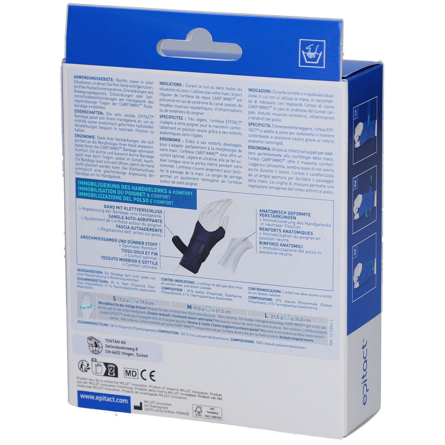 Dos de l'emballage. Informations sur le produit, tailles et logo. Attelle de poignet illustrée.