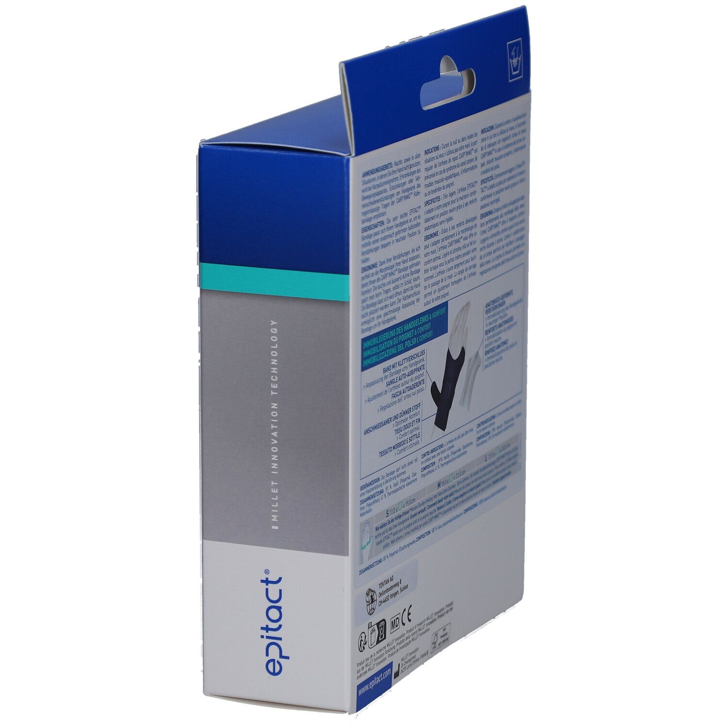 Vue latérale de l'emballage. Carton bleu avec nom et logo du produit. Texte et logo illustrés.