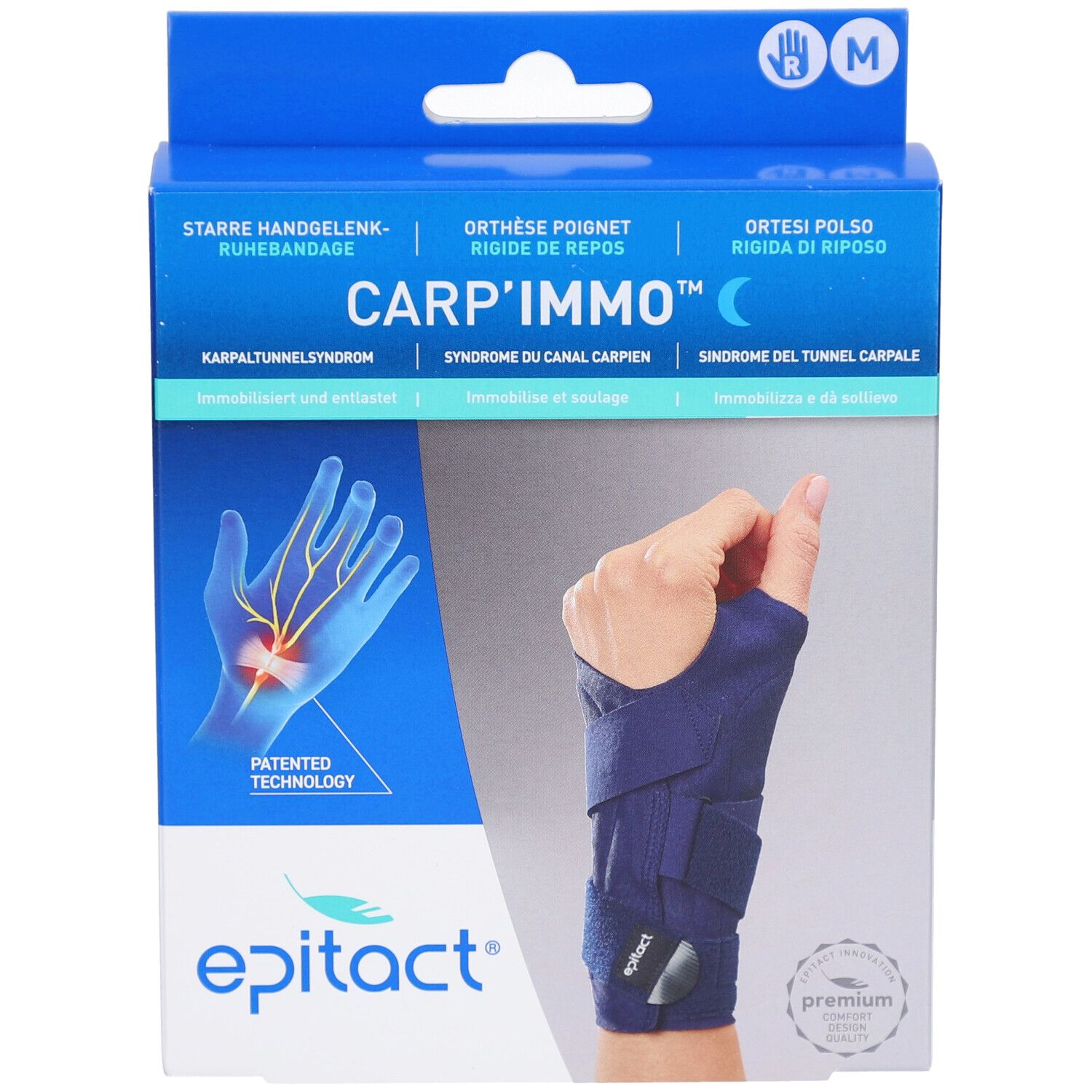 Boîte de l'attelle de poignet. Carton bleu avec nom et logo du produit. Attelle de poignet illustrée.