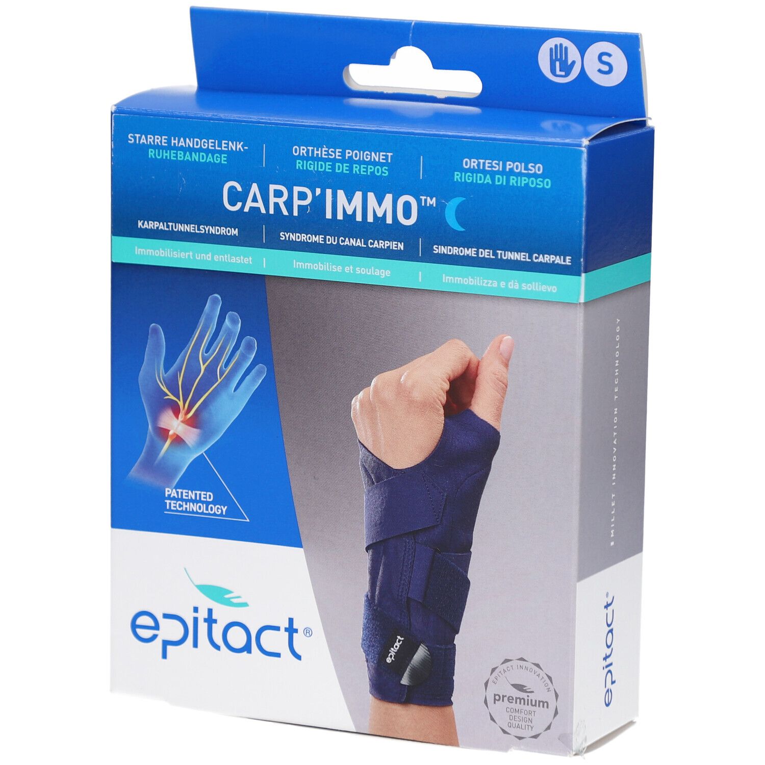 Boîte de l'orthèse de poignet Carp'Immo™, taille S, main gauche. Bleu, avec image du produit et nom de marque Epitact.