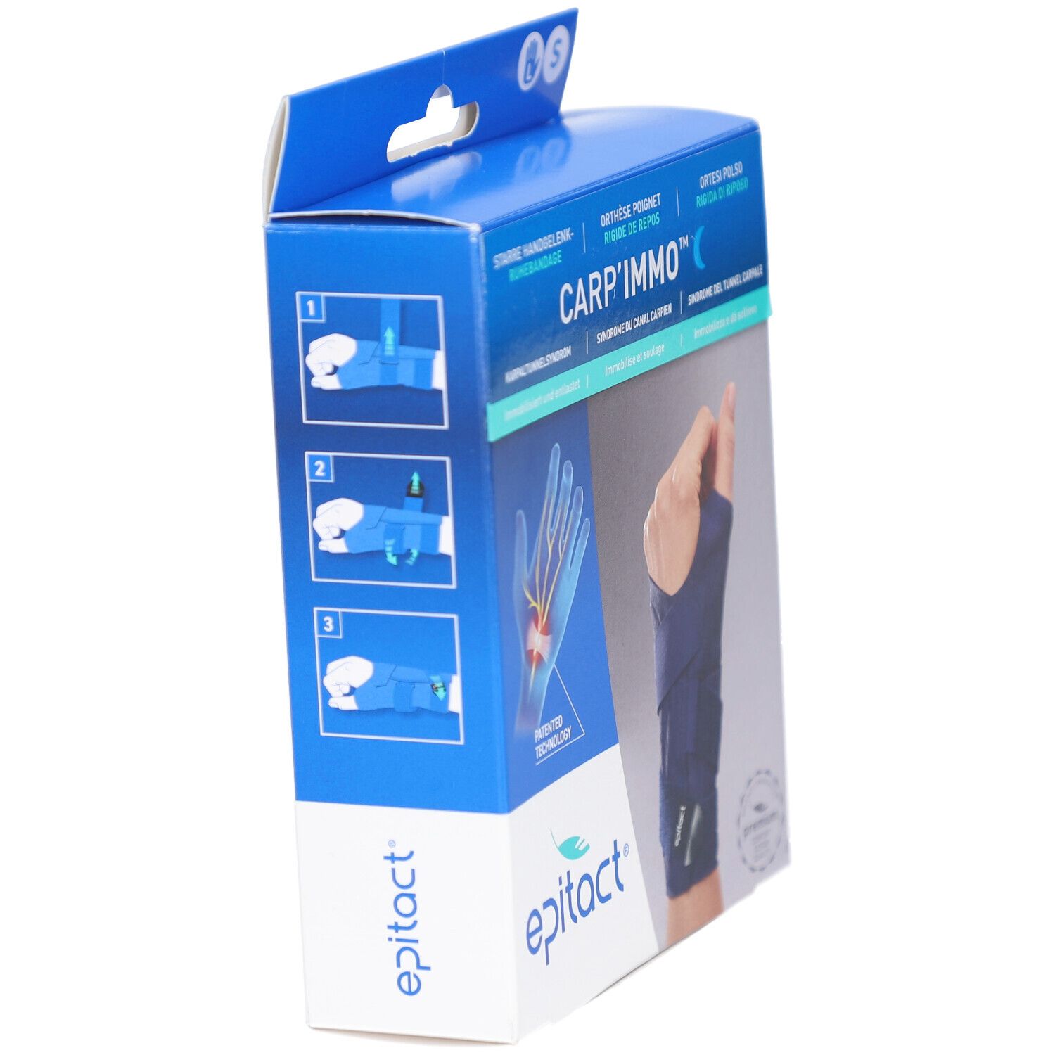 Vue latérale de la boîte de l'orthèse de poignet Carp'Immo™. Boîte bleue avec image du produit et marque Epitact.