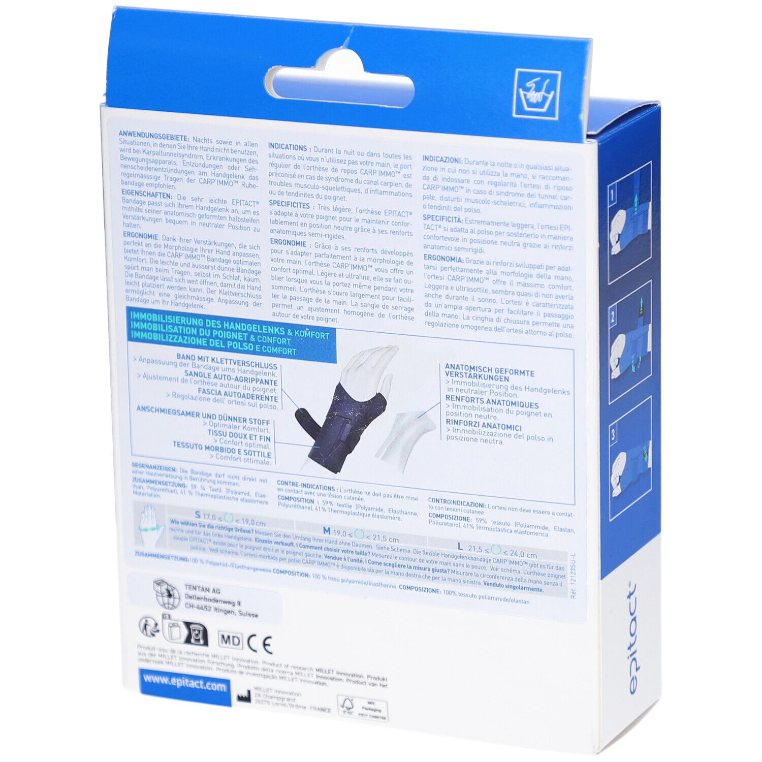 Dos de la boîte de l'orthèse de poignet Carp'Immo™. Texte en allemand, français, italien. Marque Epitact.