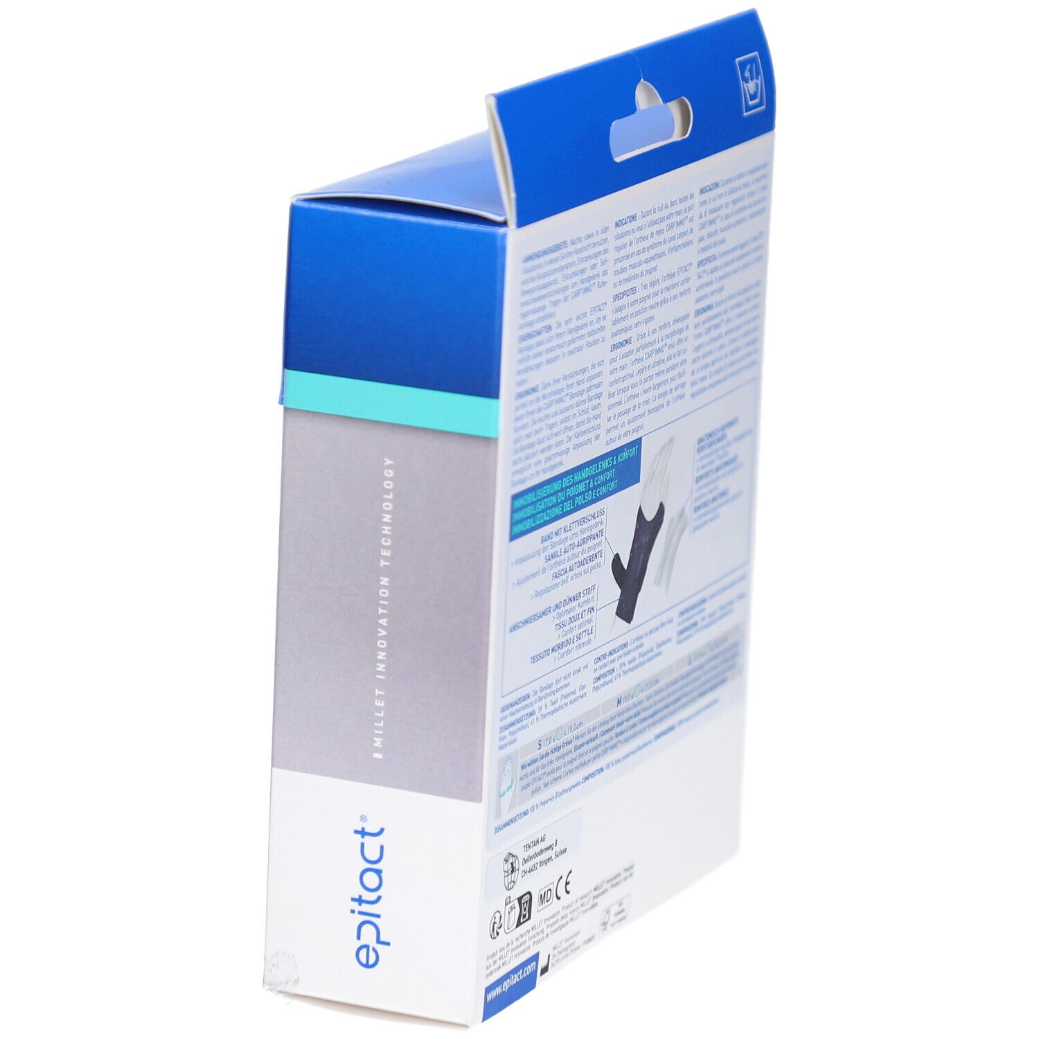 Vue latérale de la boîte de l'orthèse de poignet Carp'Immo™. Texte et marque Epitact.