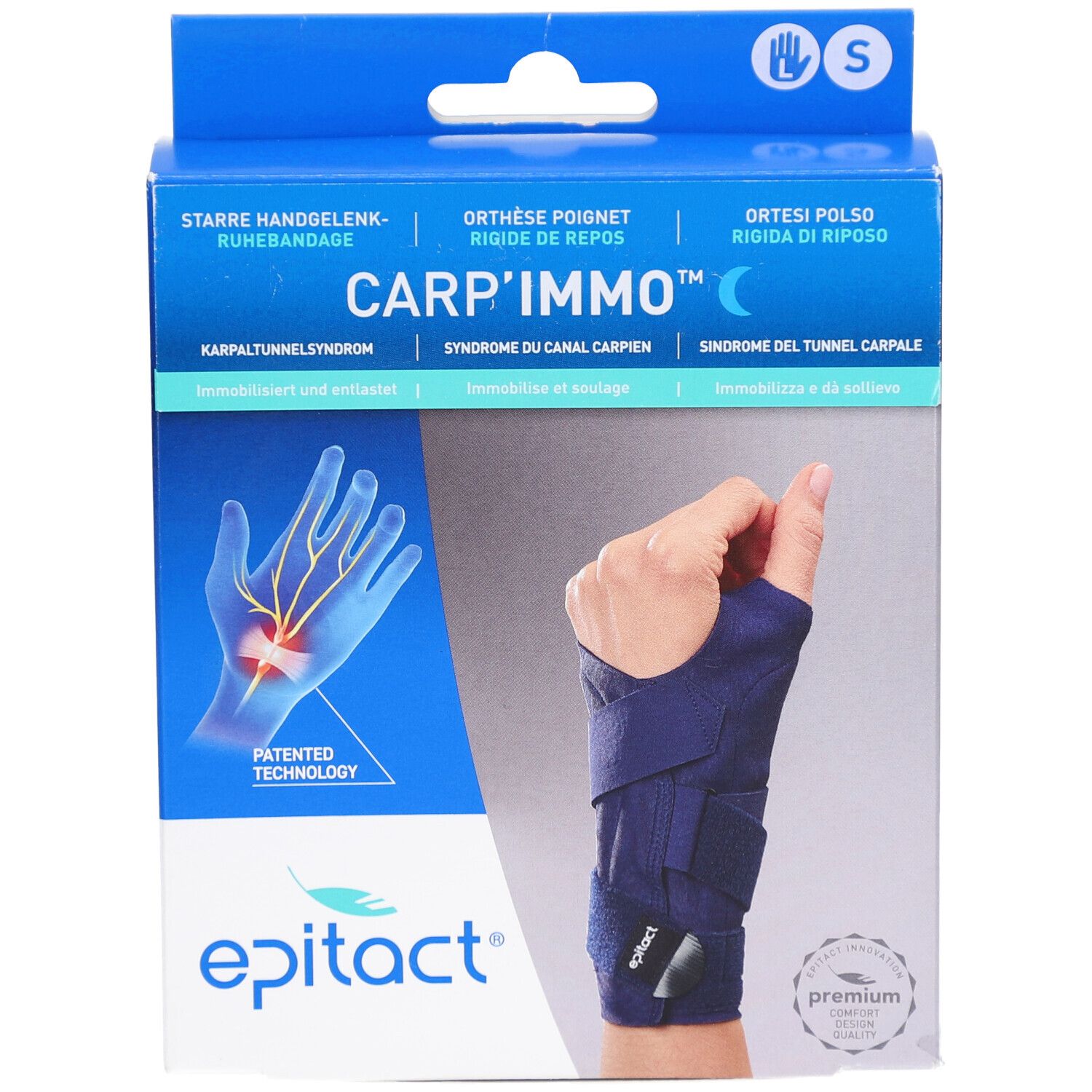 Vue de face de la boîte de l'orthèse de poignet Carp'Immo™, taille S, main gauche. Boîte bleue avec image et marque Epitact.