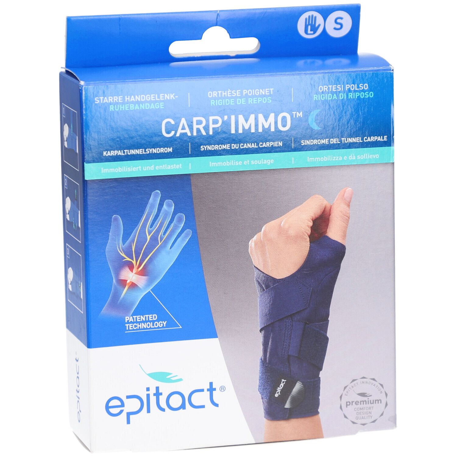 Vue de face de la boîte de l'orthèse de poignet Carp'Immo™, taille S, main gauche. Boîte bleue avec image et marque Epitact.