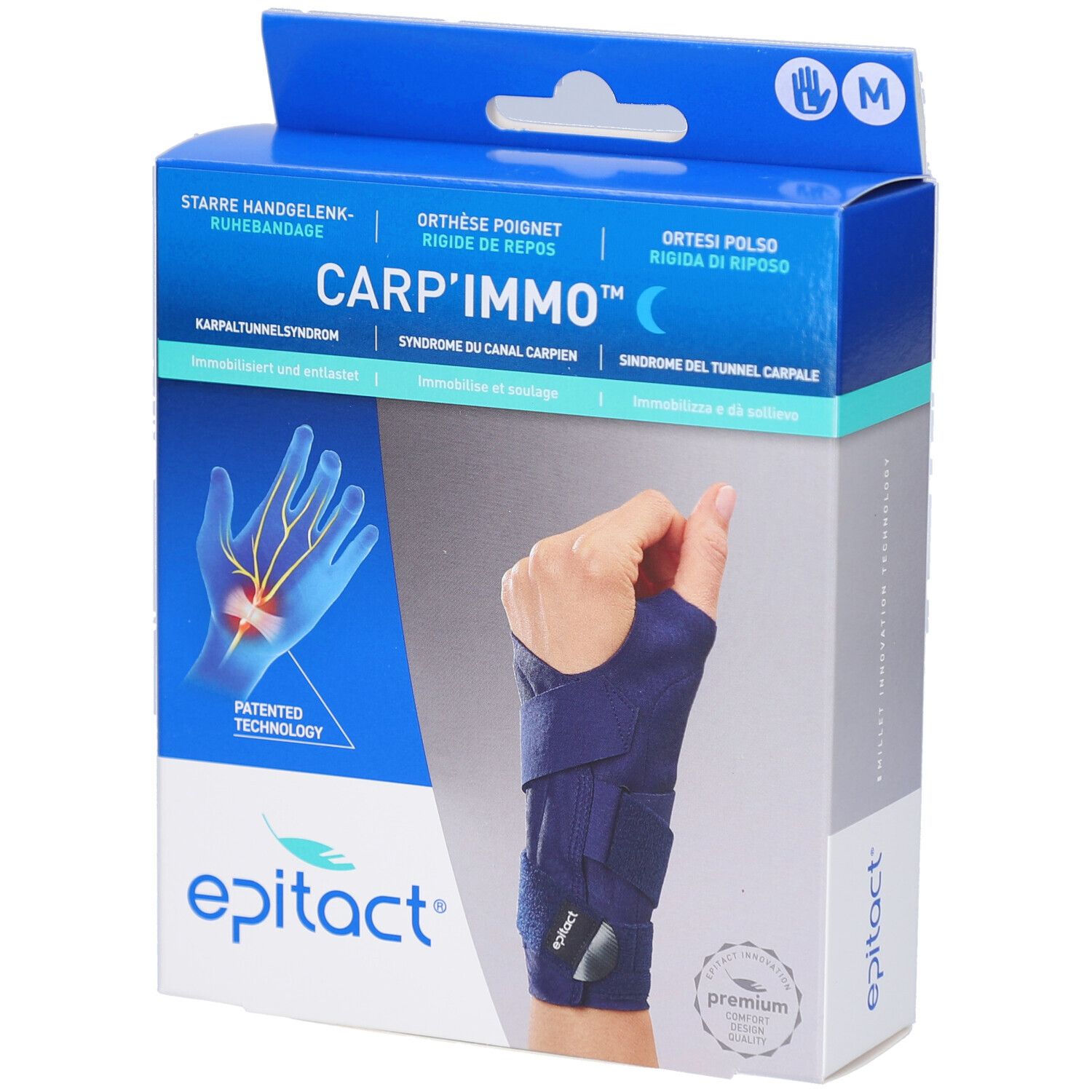 Verpackung von EPITACT CARP'IMMO. Blaue Box mit Handgelenkbandage. Produktname und Marke sichtbar. Größenangabe M.