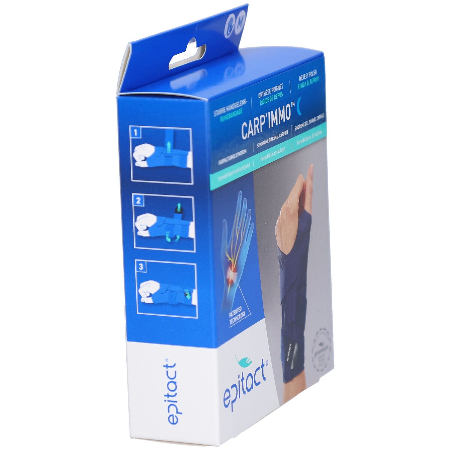 Seitenansicht der EPITACT CARP'IMMO Verpackung. Blaue Box mit Produktinformationen und Abbildungen. Marke EPITACT.