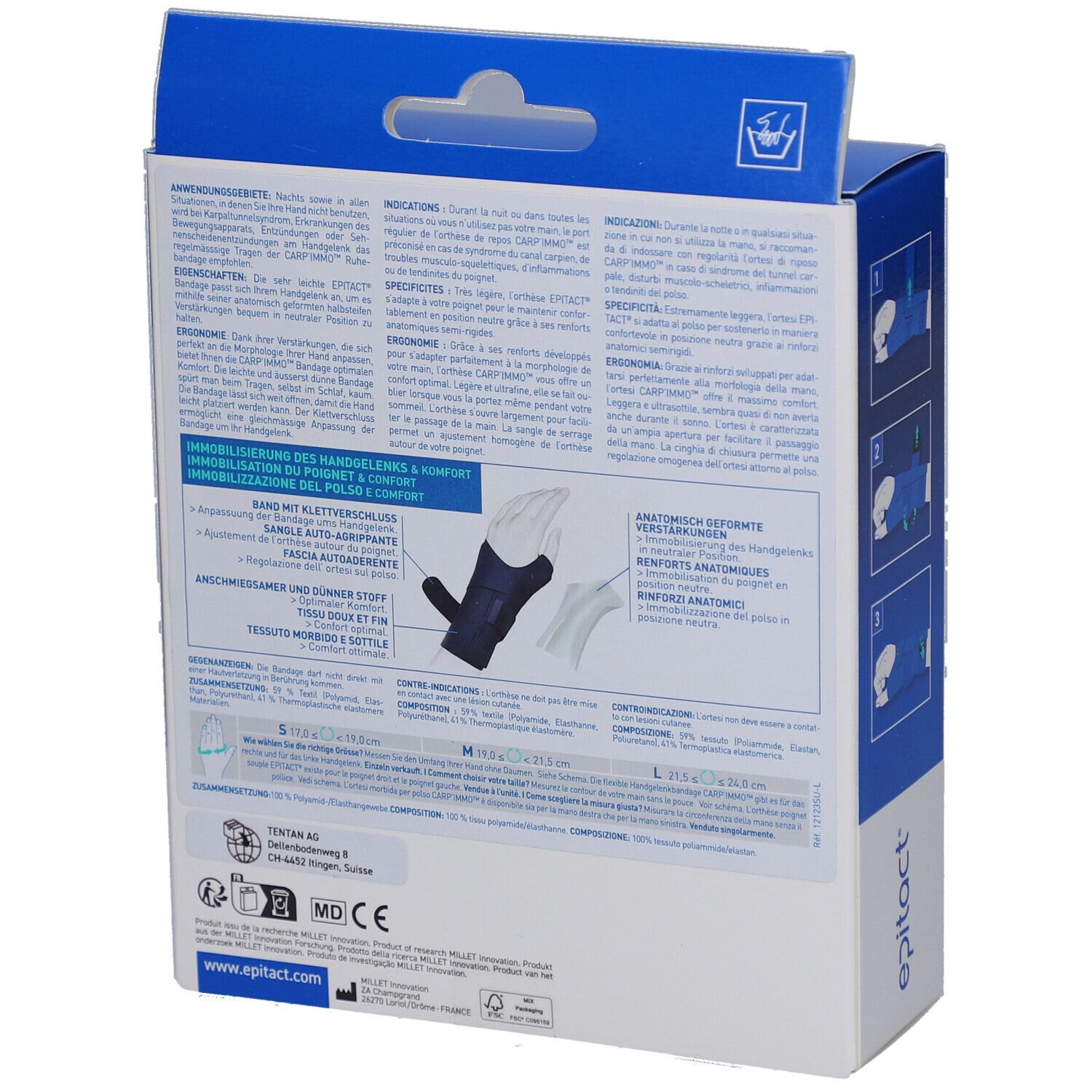 Rückseite der EPITACT CARP'IMMO Verpackung. Textinformationen, Produktabbildung und Größenangaben. Marke EPITACT.